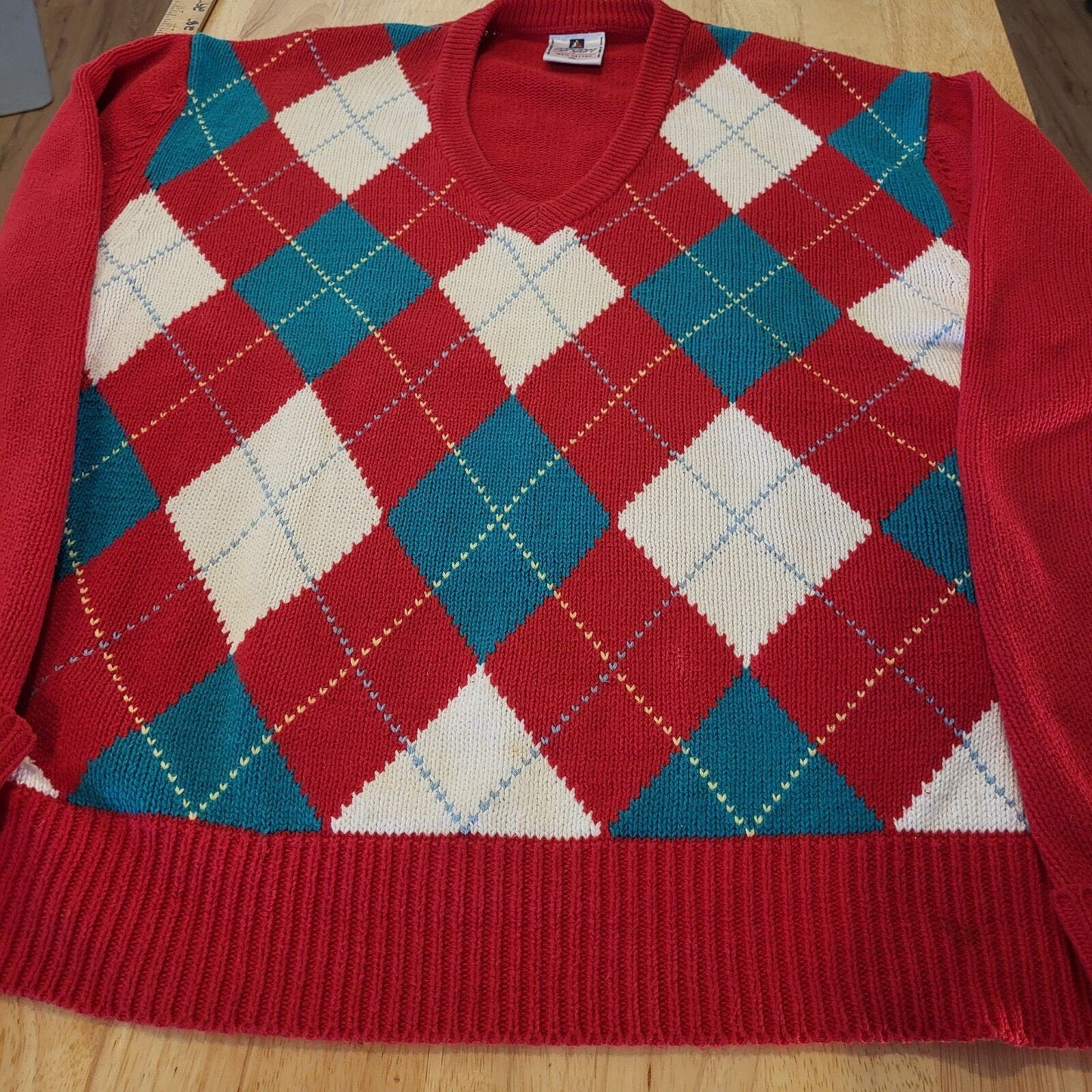 Vintage Argyle 100% Cotton Red White & Green Gold Norsport Lonng Sleeve Sweater 