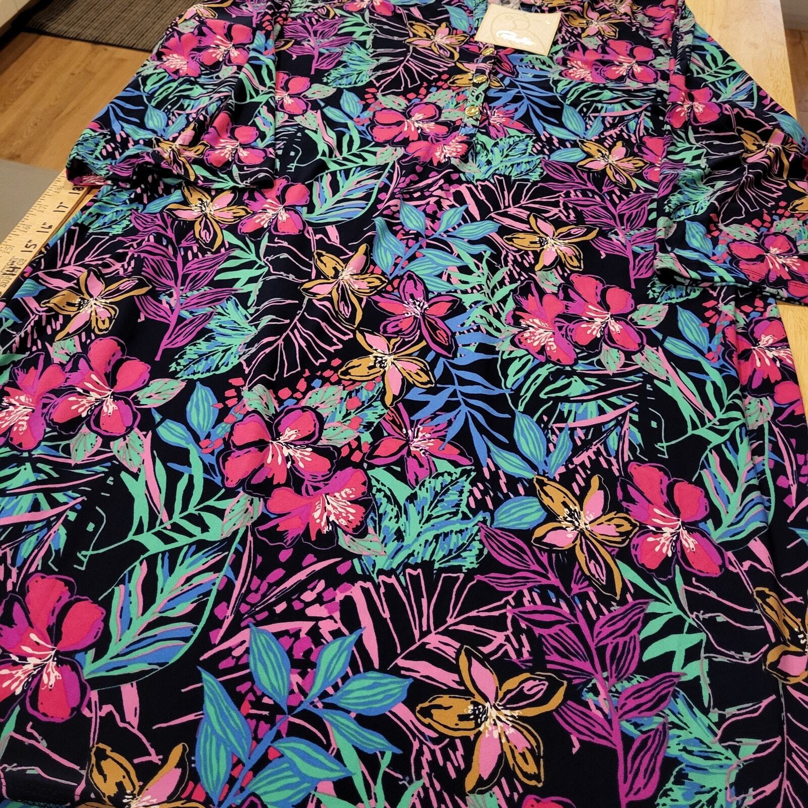 NWT Pappagallo Navy Floral Gold Button Knee Length Dress Long Sleeve Large