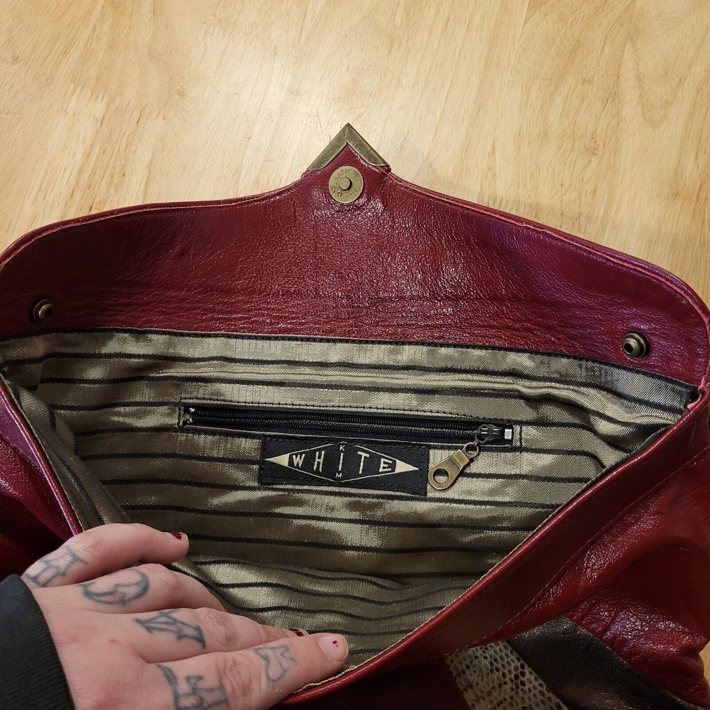 Vintage Burgandy Snake Leather Envelope Clutch Bag Silver Magnetic Bronz Stripe