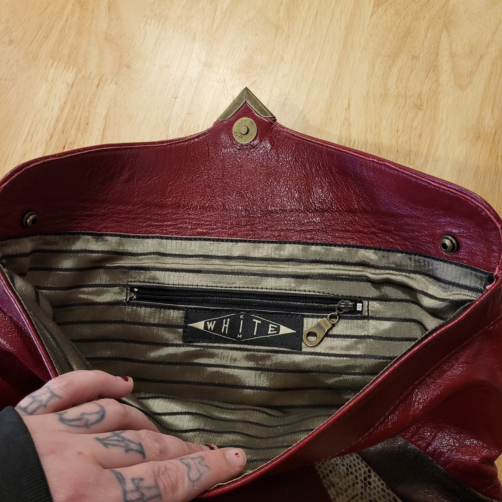 Vintage Burgandy Snake Leather Envelope Clutch Bag Silver Magnetic Bronz Stripe