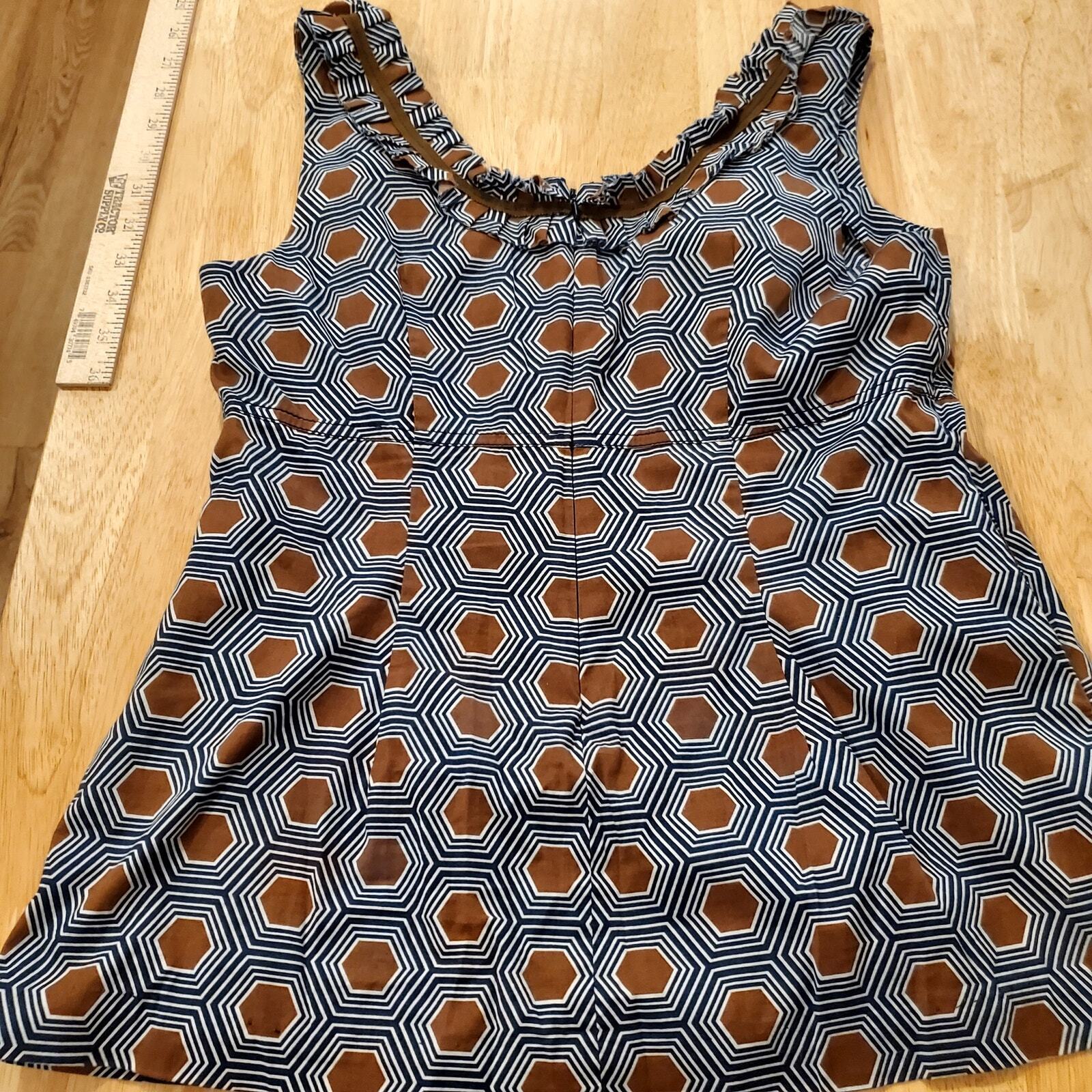 Geometric Tory Burch Sleeveless Blouse Cotton Pleated detail Blue brown