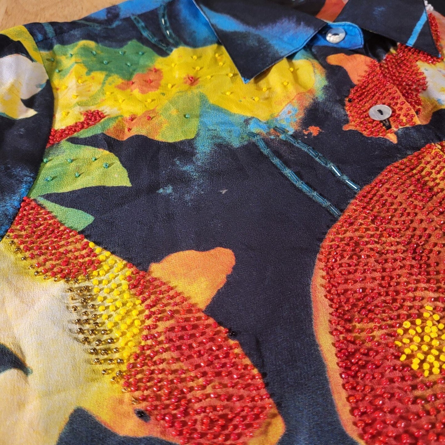 Nicole Taylor 100% Silk Batik Dyed Beaded Koi Fish Blouse  Collared. Button Down