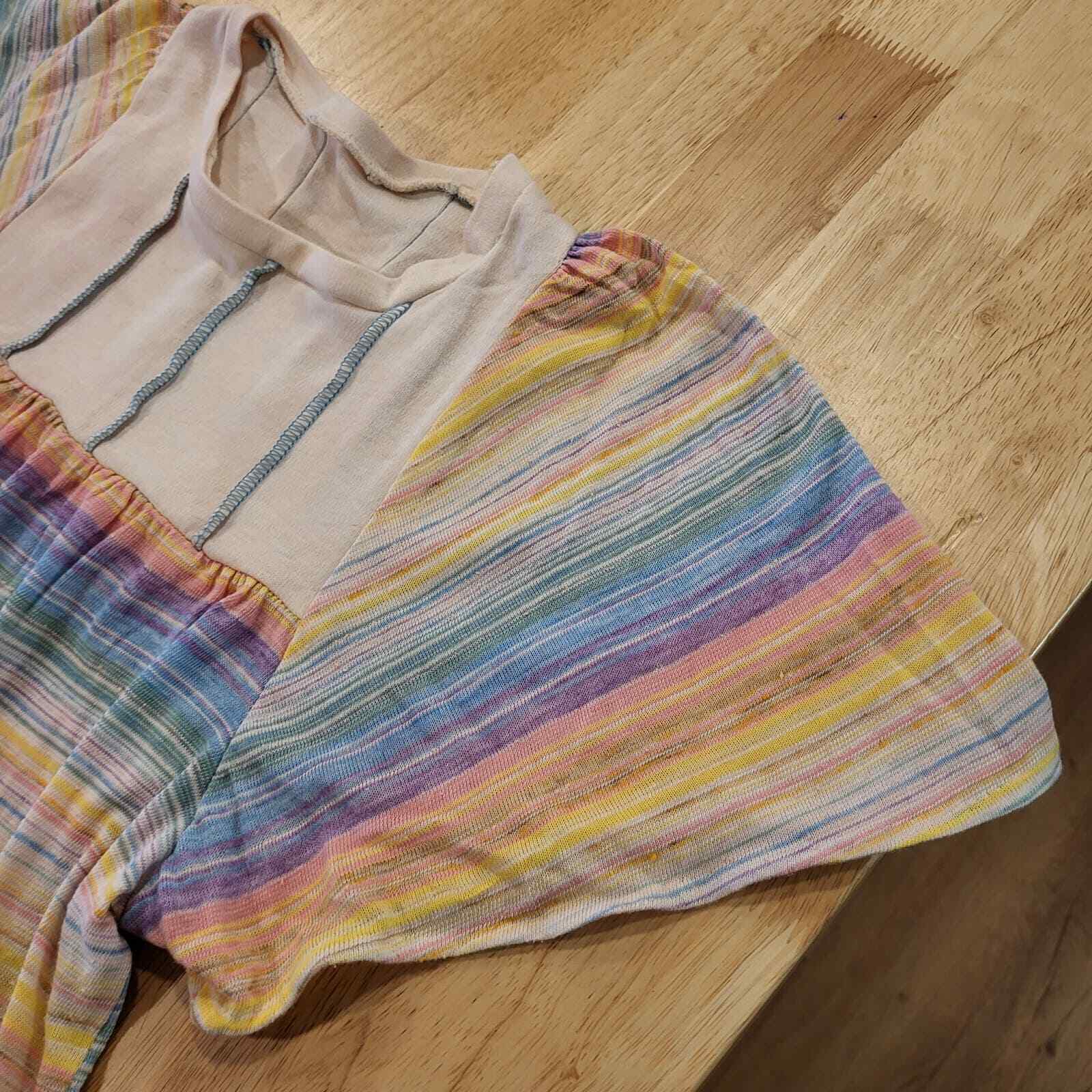 Vintage Rainbow Flutter Sleeve Pastel Jersey Knit T-shirt 17" pit2pit Small
