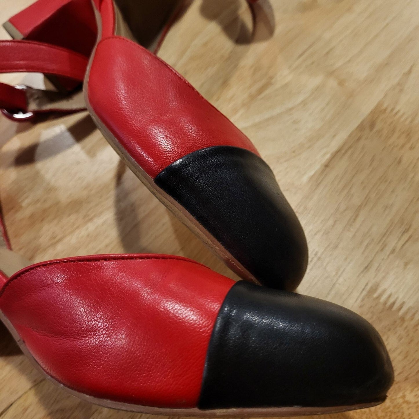 FSJ Red & Black Sling Back 1.5" Block Heel Strappy Round Toe Dance size 9 10"