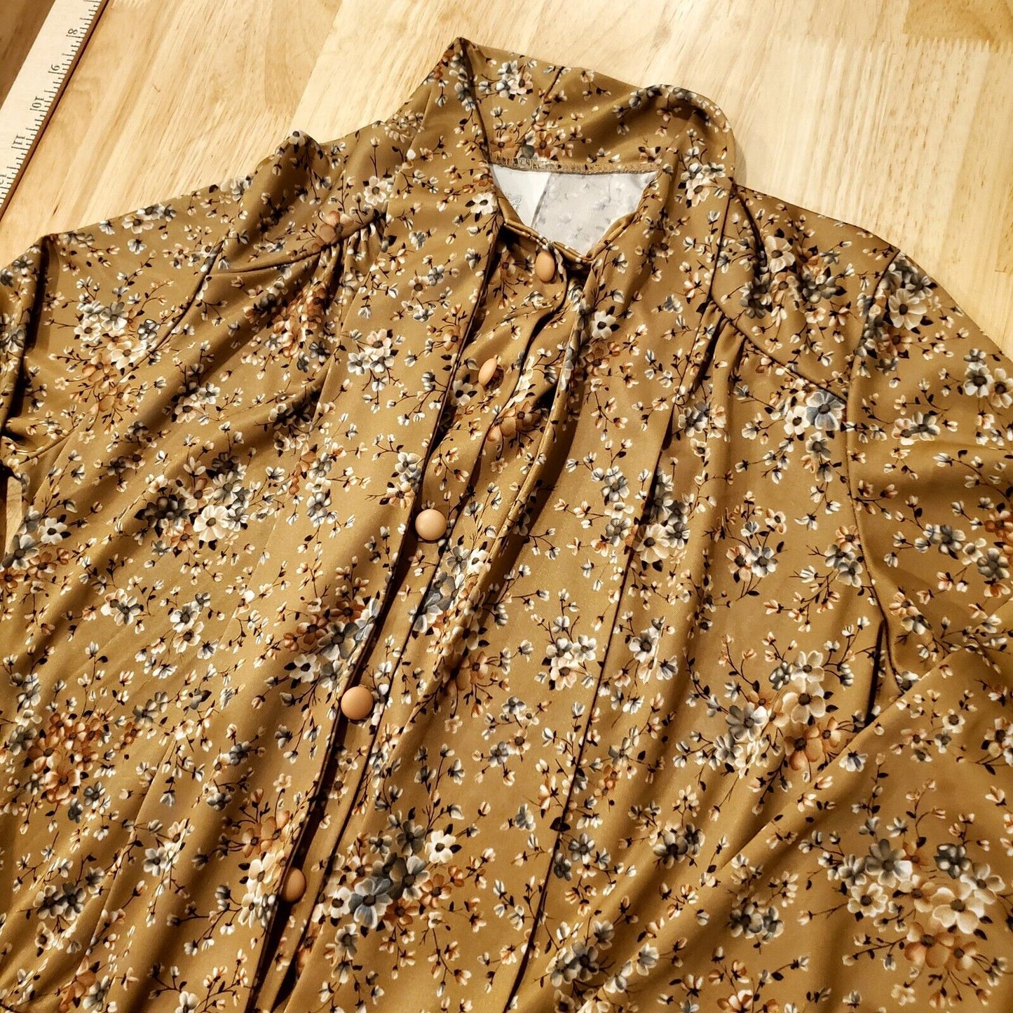 Vintage Polyester Khaki Prairie Shirt Dress Button Front Tie Collar 9/10