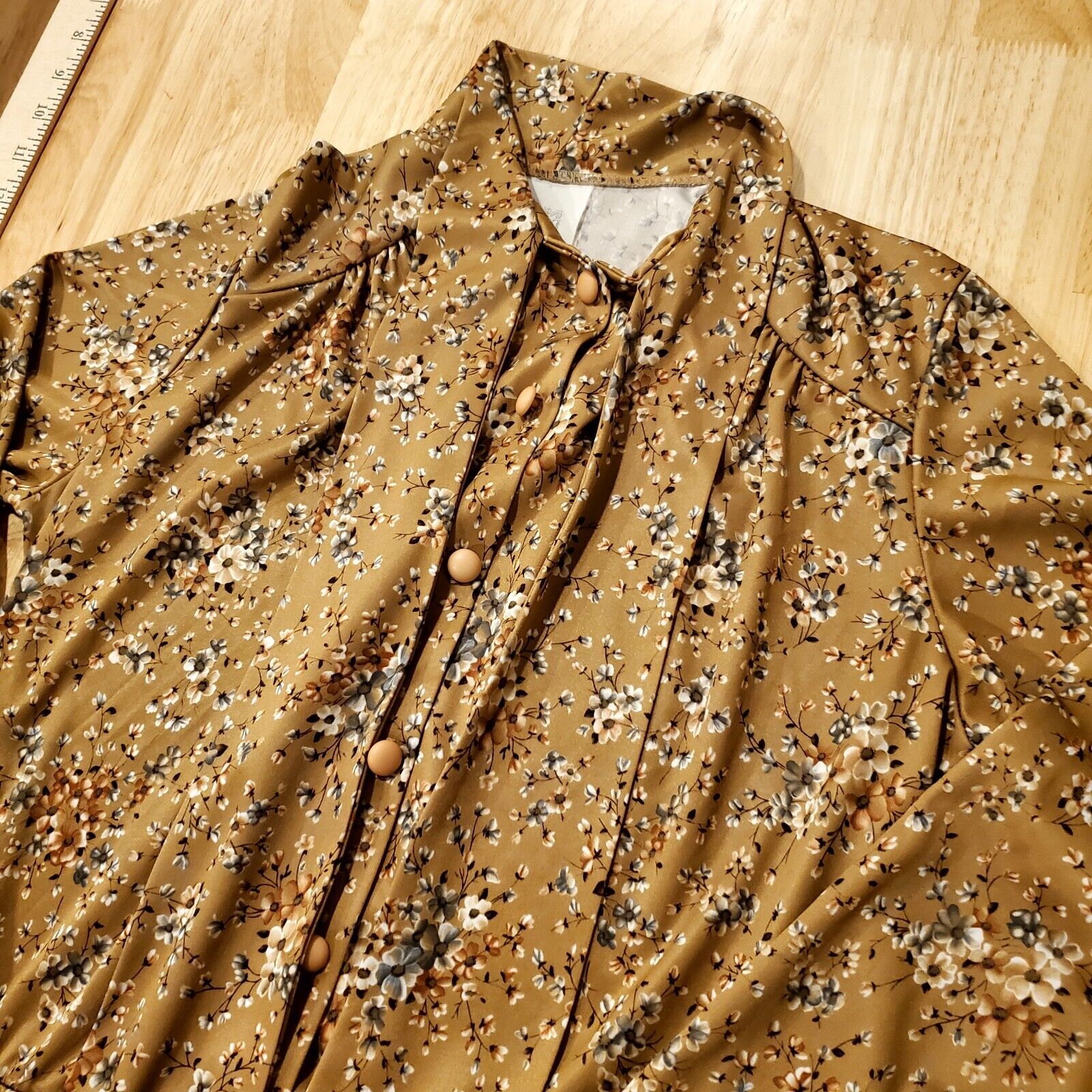 Vintage Polyester Khaki Prairie Shirt Dress Button Front Tie Collar 9/10