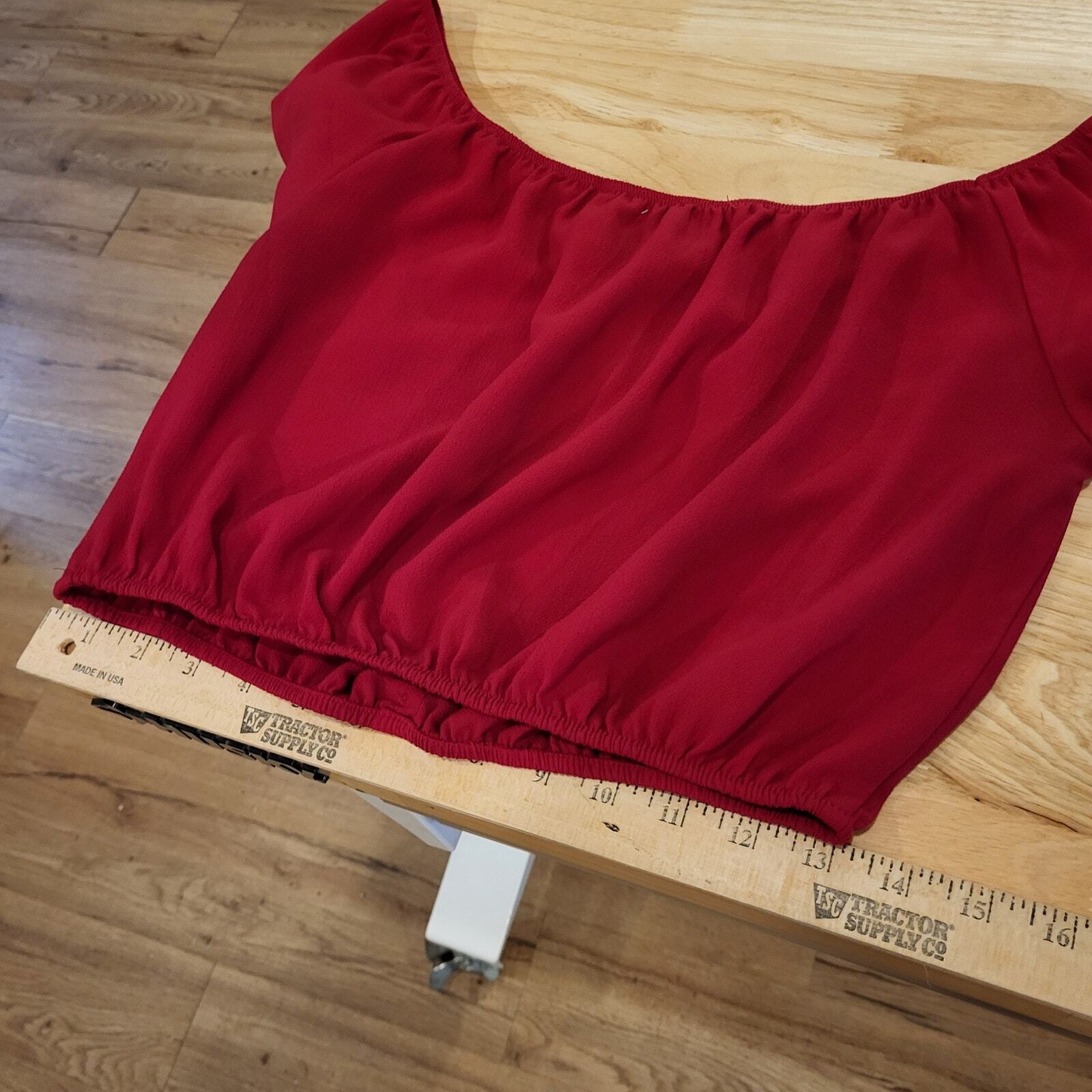 Red Elastic Cold Shoulder Bardot Crop Top Short Puff Sleeve Coquette medium 26"