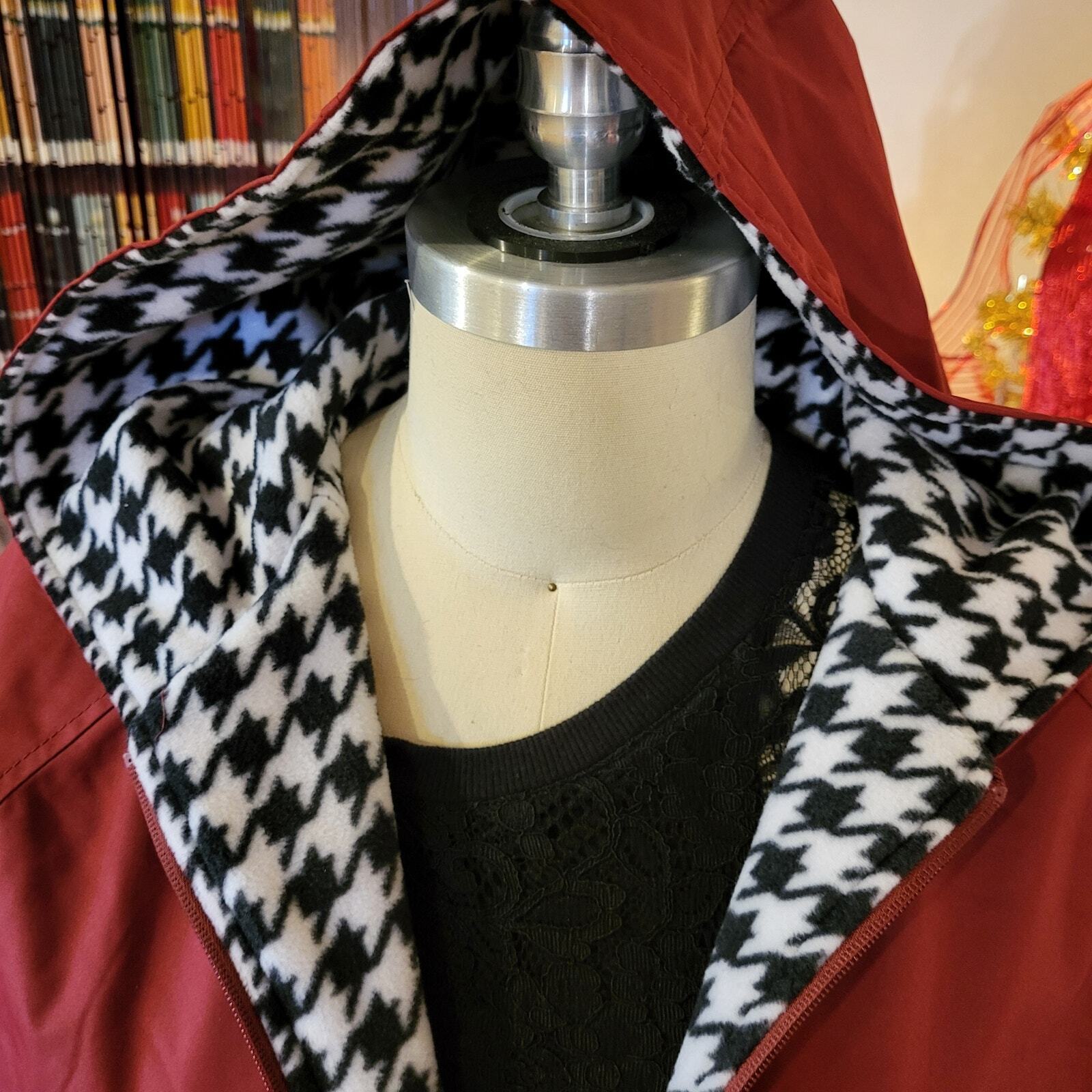 Giorgio Morandi Maroon Burgundy Fleece Reversable Houndstooth Rain Coat L