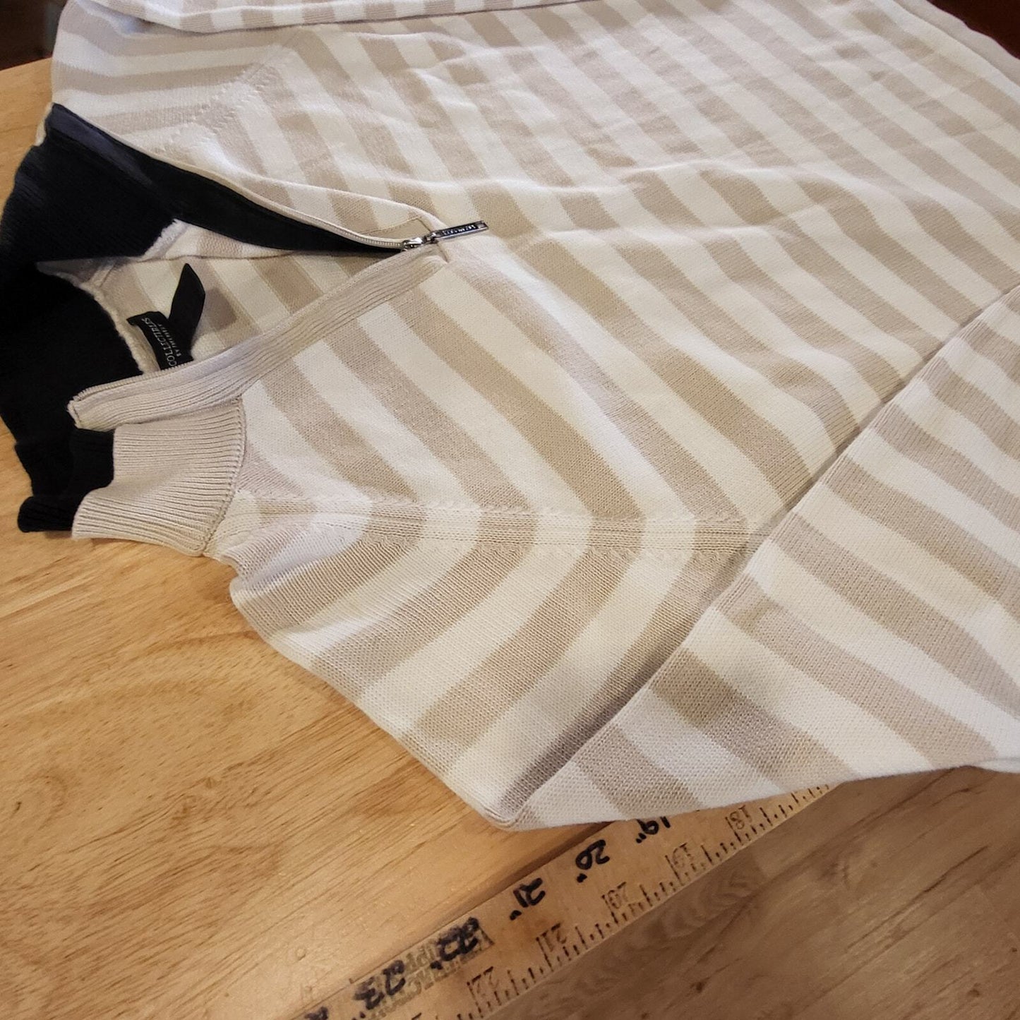 Collectable by Parkhurst Beige White Striped 1/4 Zip Sweater 100% Cotton Large