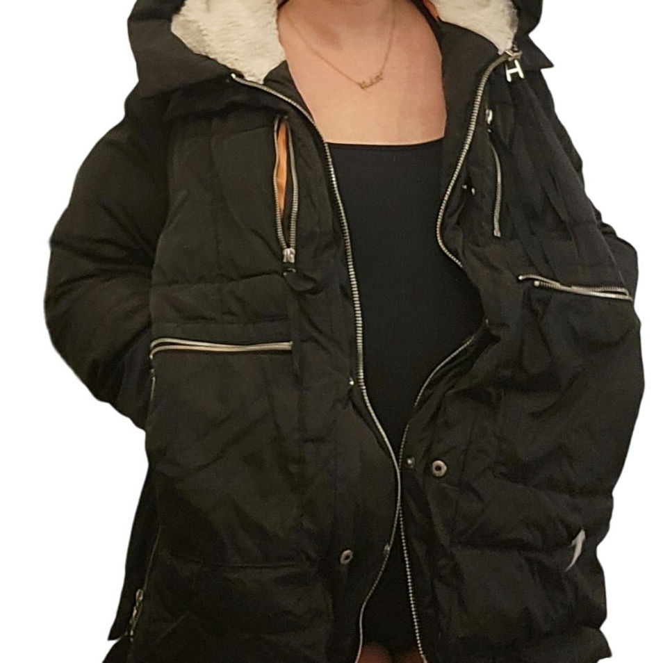Viral Black Hooded Puffer Coat Orange Lining Silver Zip Pockets Sherling Hood LG