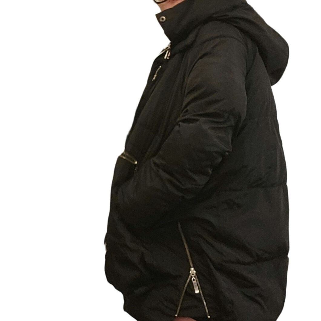 Viral Black Hooded Puffer Coat Orange Lining Silver Zip Pockets Sherling Hood LG