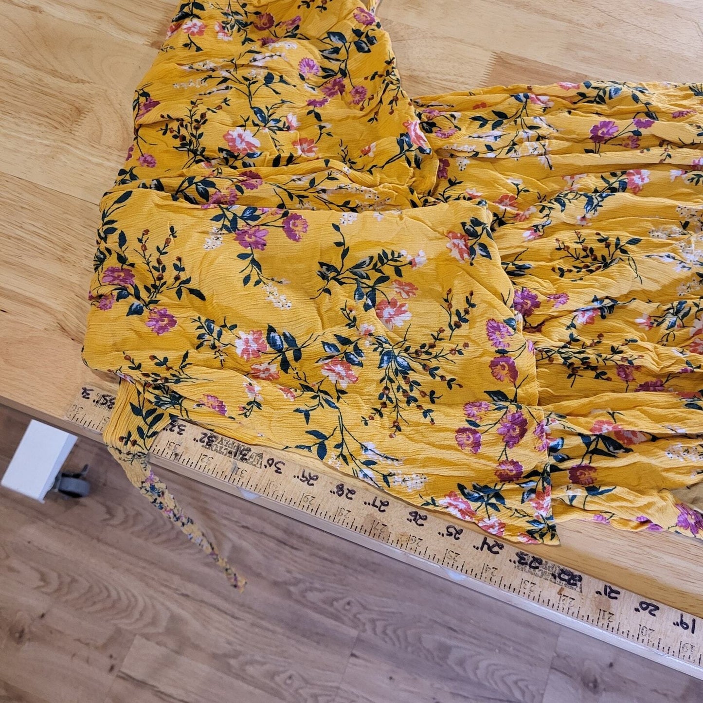 Yellow Floral V Neck Flow Flutter Sleeve 12"-22" Waist Tie Maxi Dress