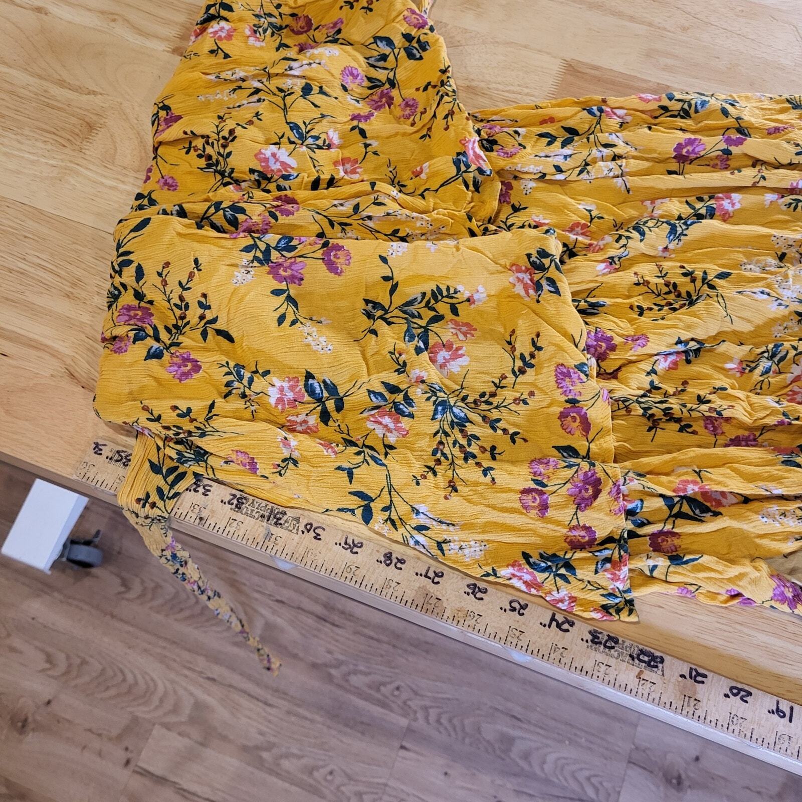 Yellow Floral V Neck Flow Flutter Sleeve 12"-22" Waist Tie Maxi Dress
