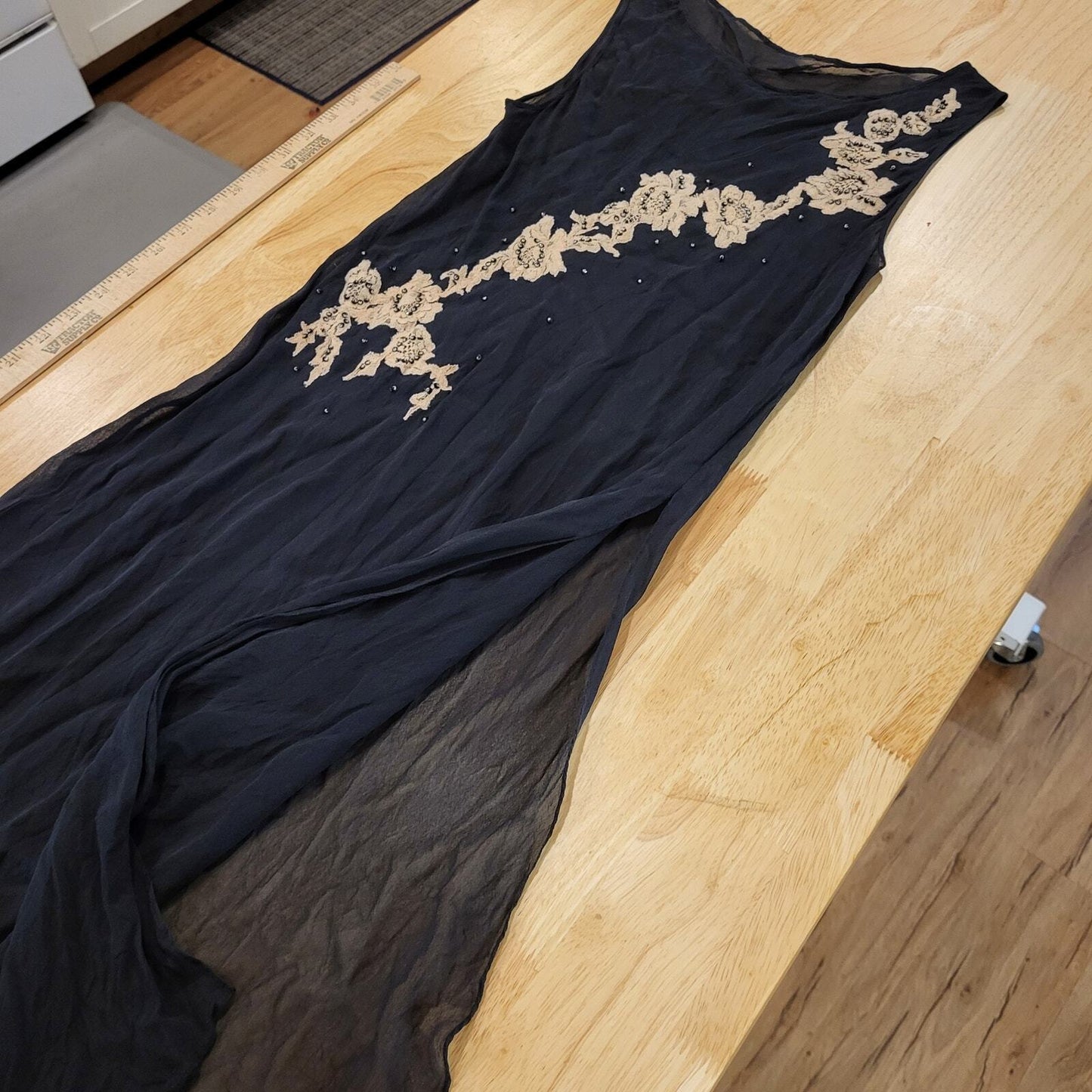 Black Silk Sheer Sleeveless Asymmetrical Floral Embroidered Dress 16" pit 2 pit