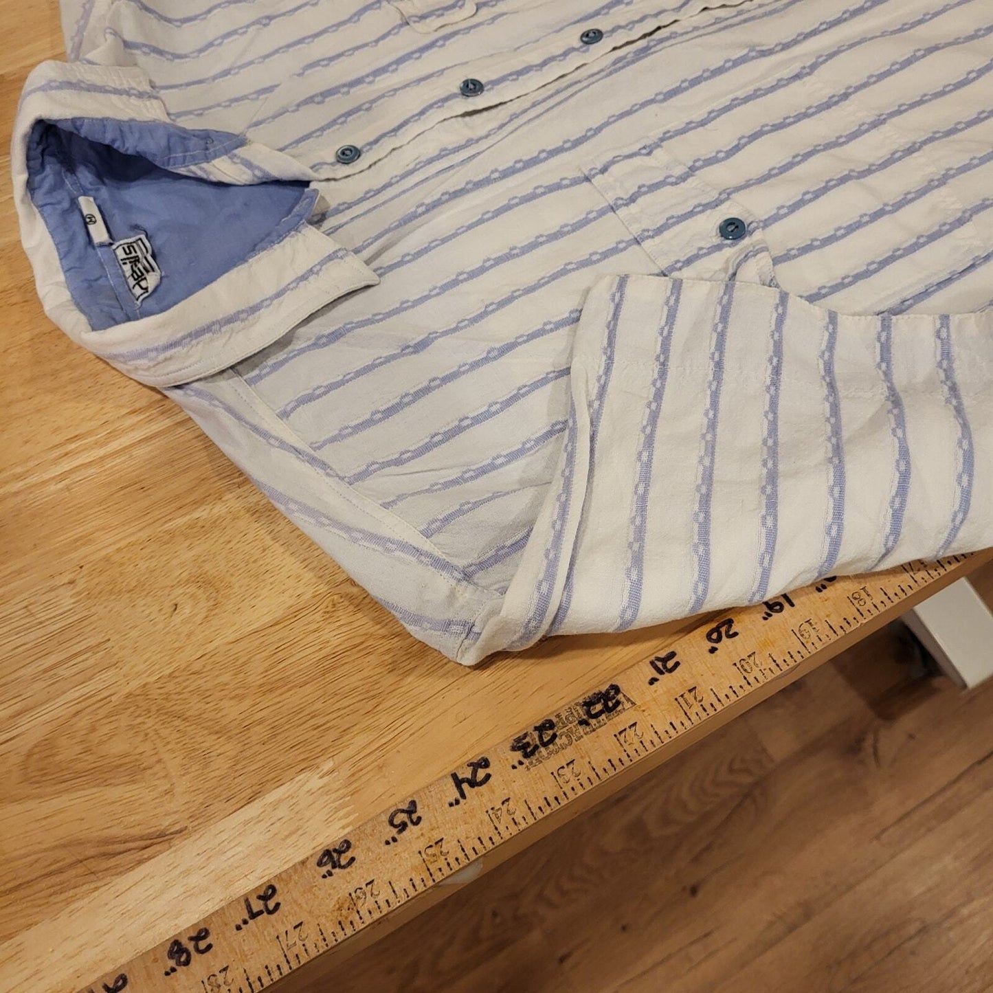 Vintage Blue & White Striped Details Button Down Collared 100% Cotton medium 