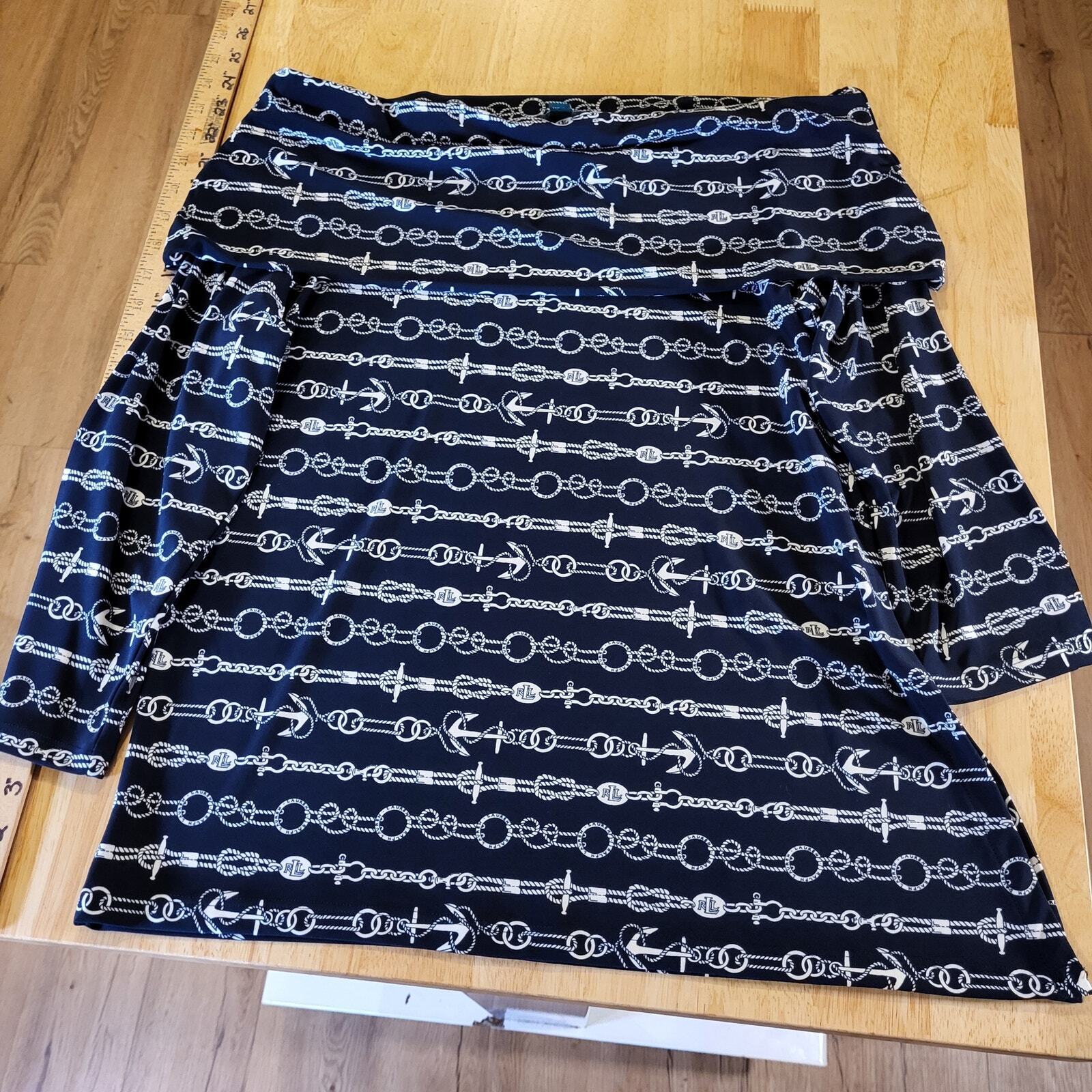 Ralph Lauren Blue Nautical Bardot Off the Shoulder Blouse Navy Large Side Slit