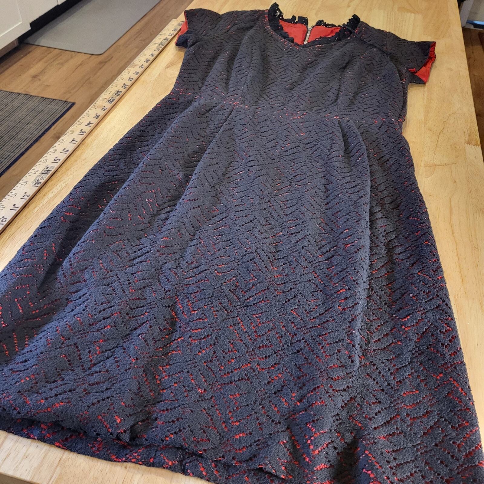 Vintage Handmade BLACK lace Dress Red Lining GOTH vampire Dress Cap Sleeve 15" 