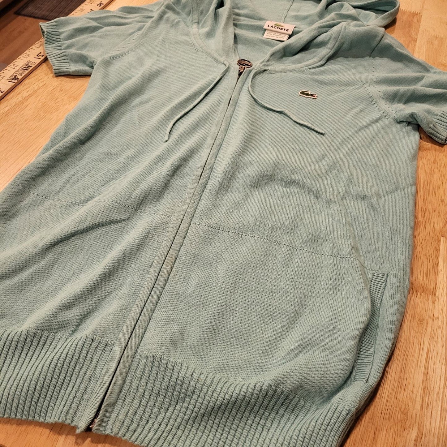 Lacoste Blue Short Sleeve 1/4 Zip Hooded Sweater 16" Pit 2 Pit