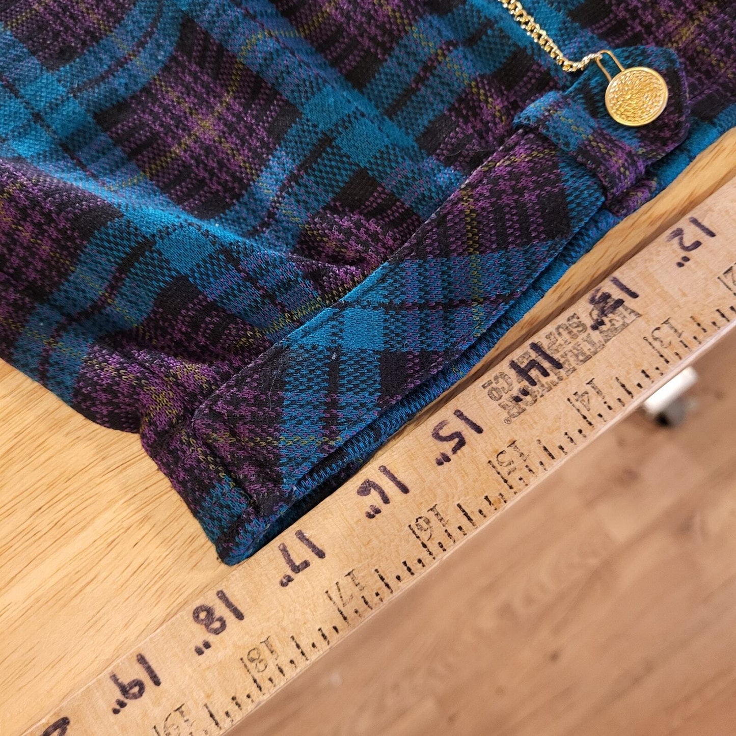 Vintage Tartan Plaid Purple Turquoise Knee Length Elastic Waist Gold Chain SZ18