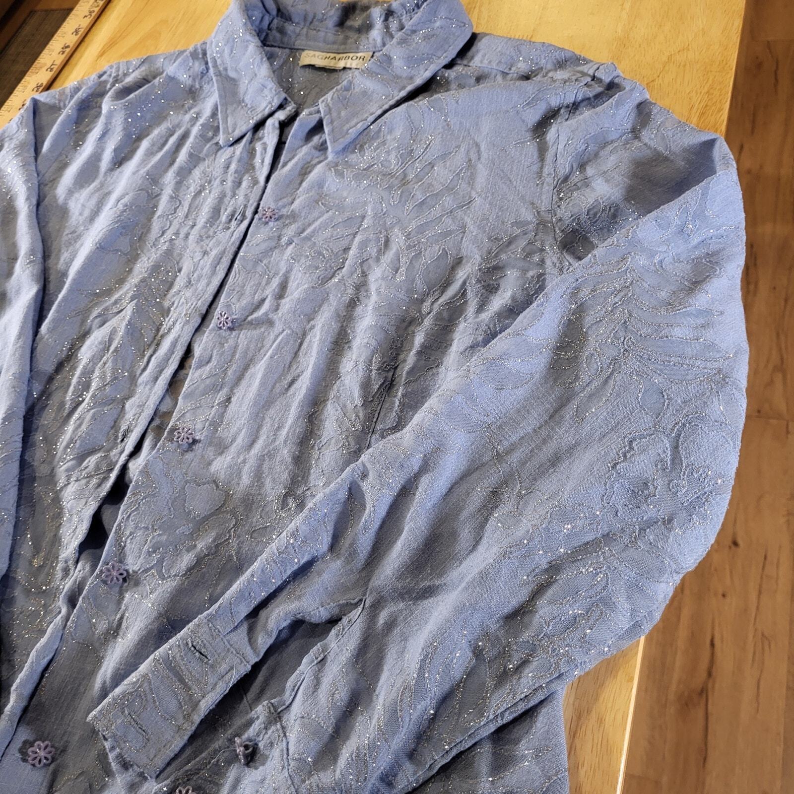 Sag Harbor Blue Metallic Burnout Flor Button Collard Sheer 23" P2P 24" Long 