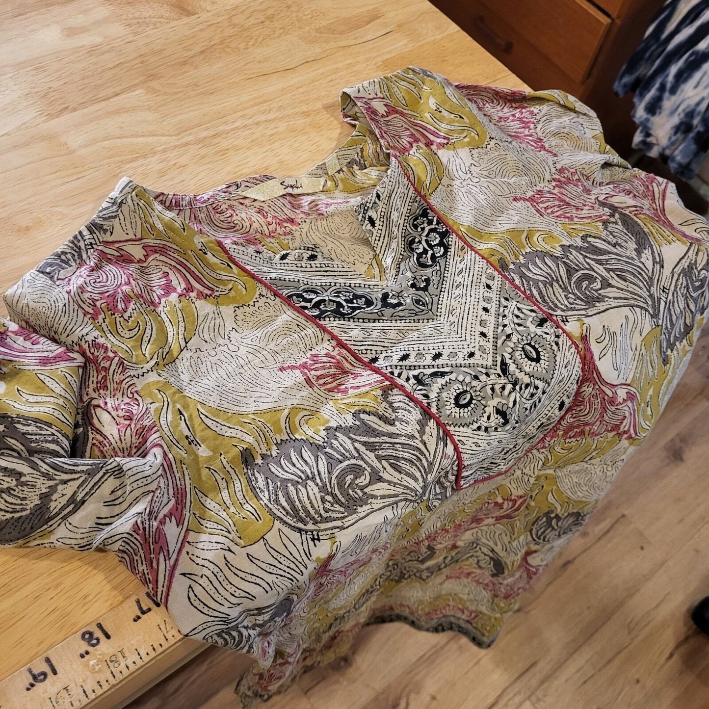 Cotton India Printed Blouse Woven 3/4 Sleeve Small