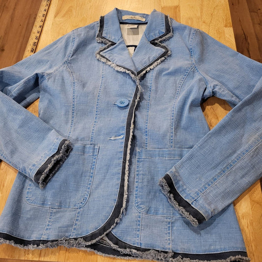 Z. Cavaricci Large Cotton Blend Raw Edge Stretch Denim Two Button Blazer