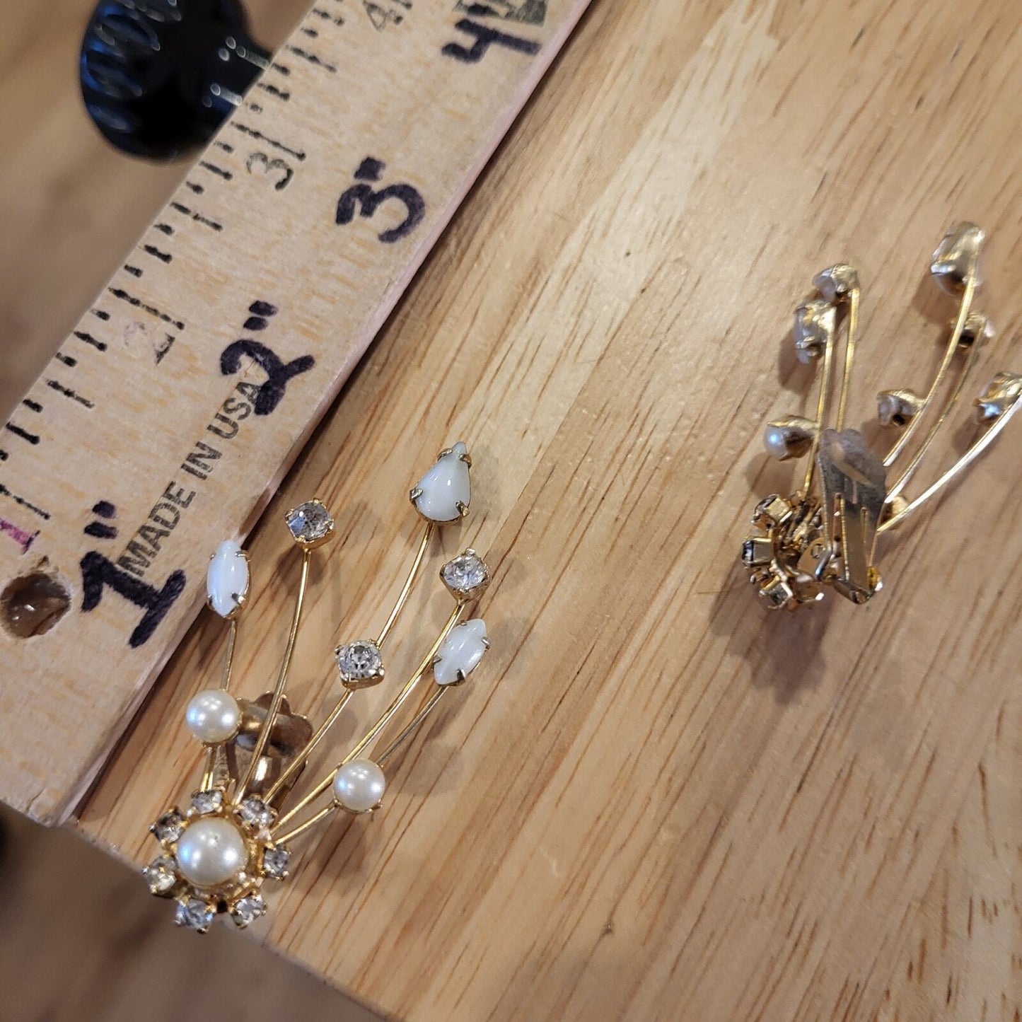 Vintage Gold Pearl & Rhinestone Clip On Ear Hugging Jewelry 2"x1"