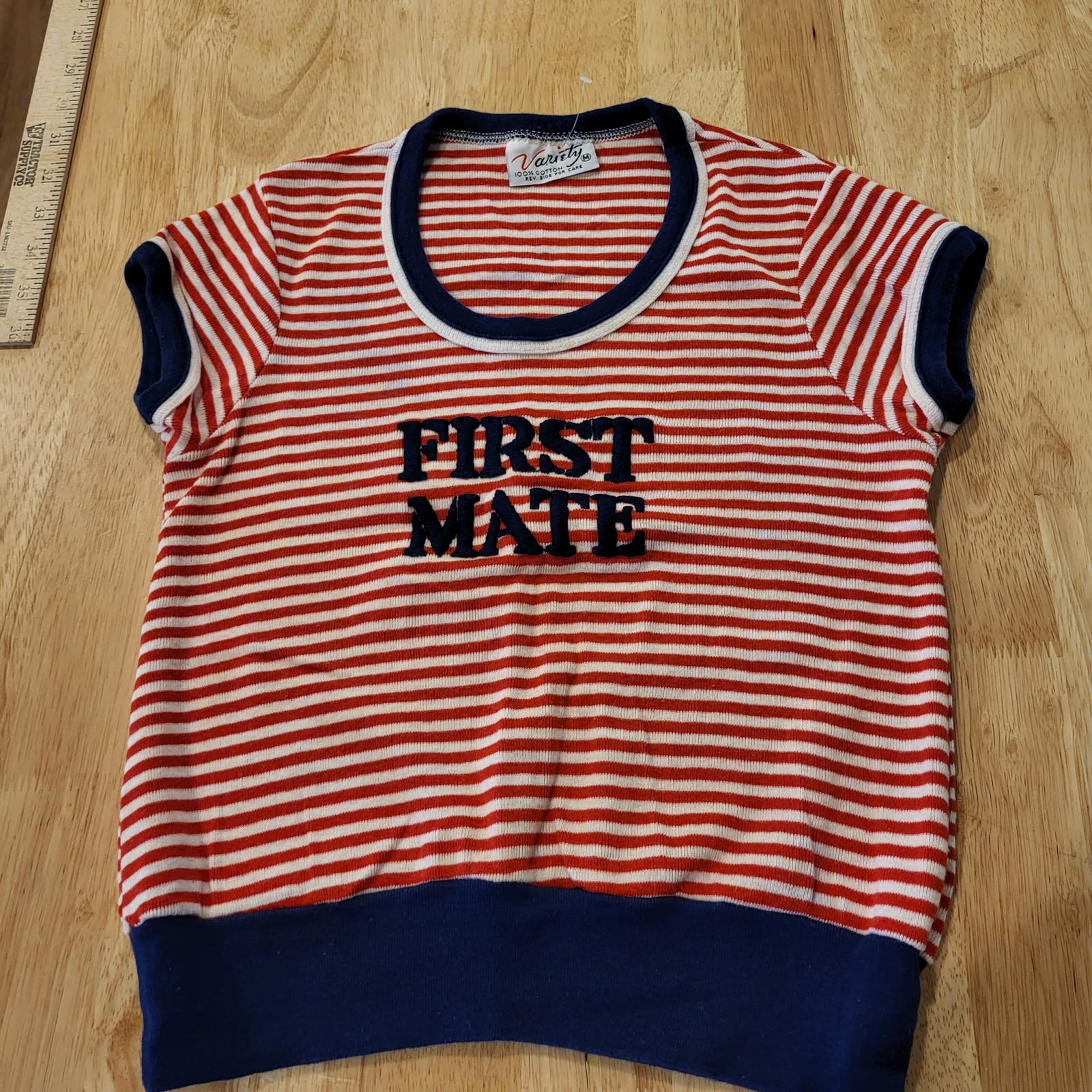 Vintage Red White Blue Striped First Mate Knit 100% Cotton Short Sleeve T-shirt