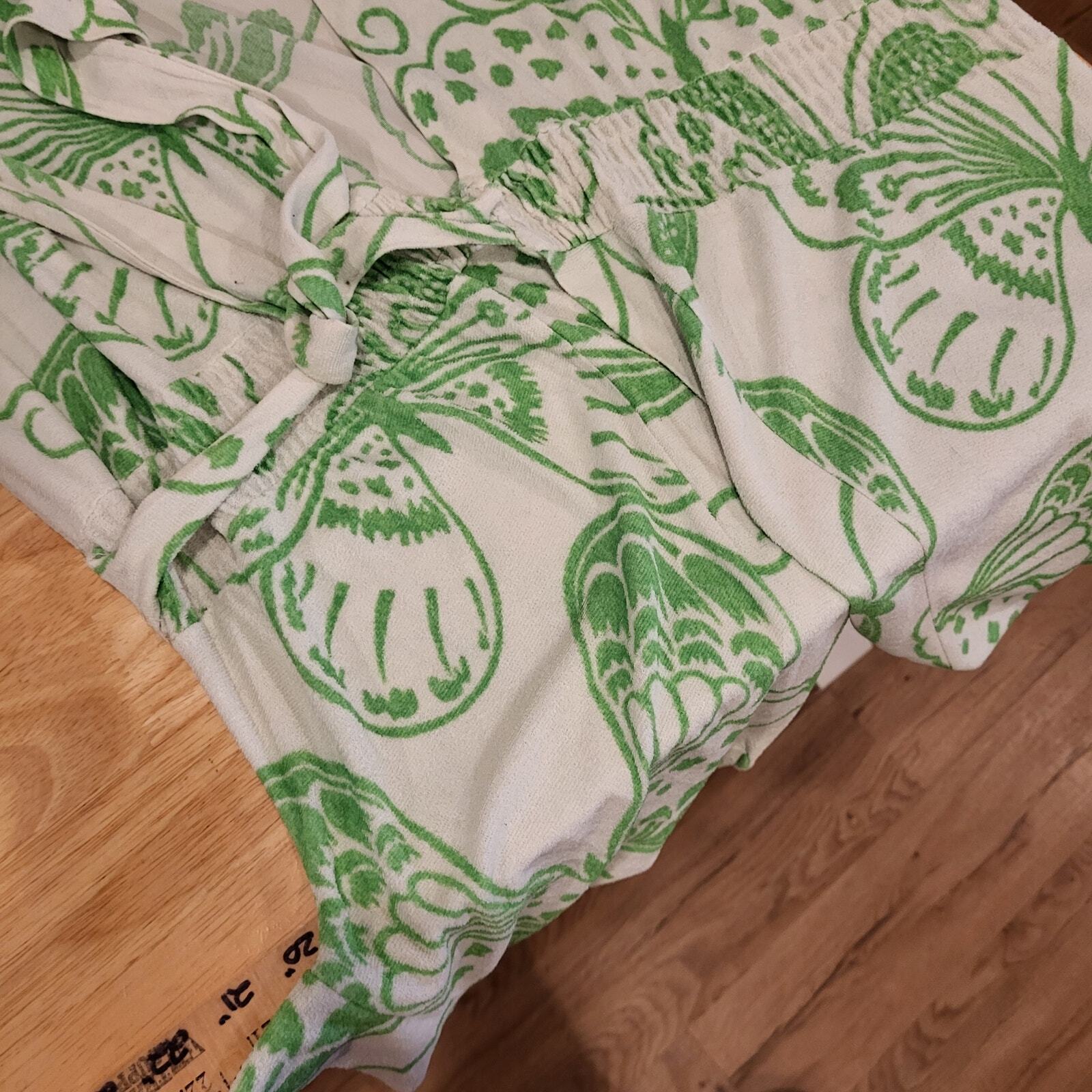 Green Butterfly Terry Dress cover up Summer Swim Short Sleeve Long tie pocket 
