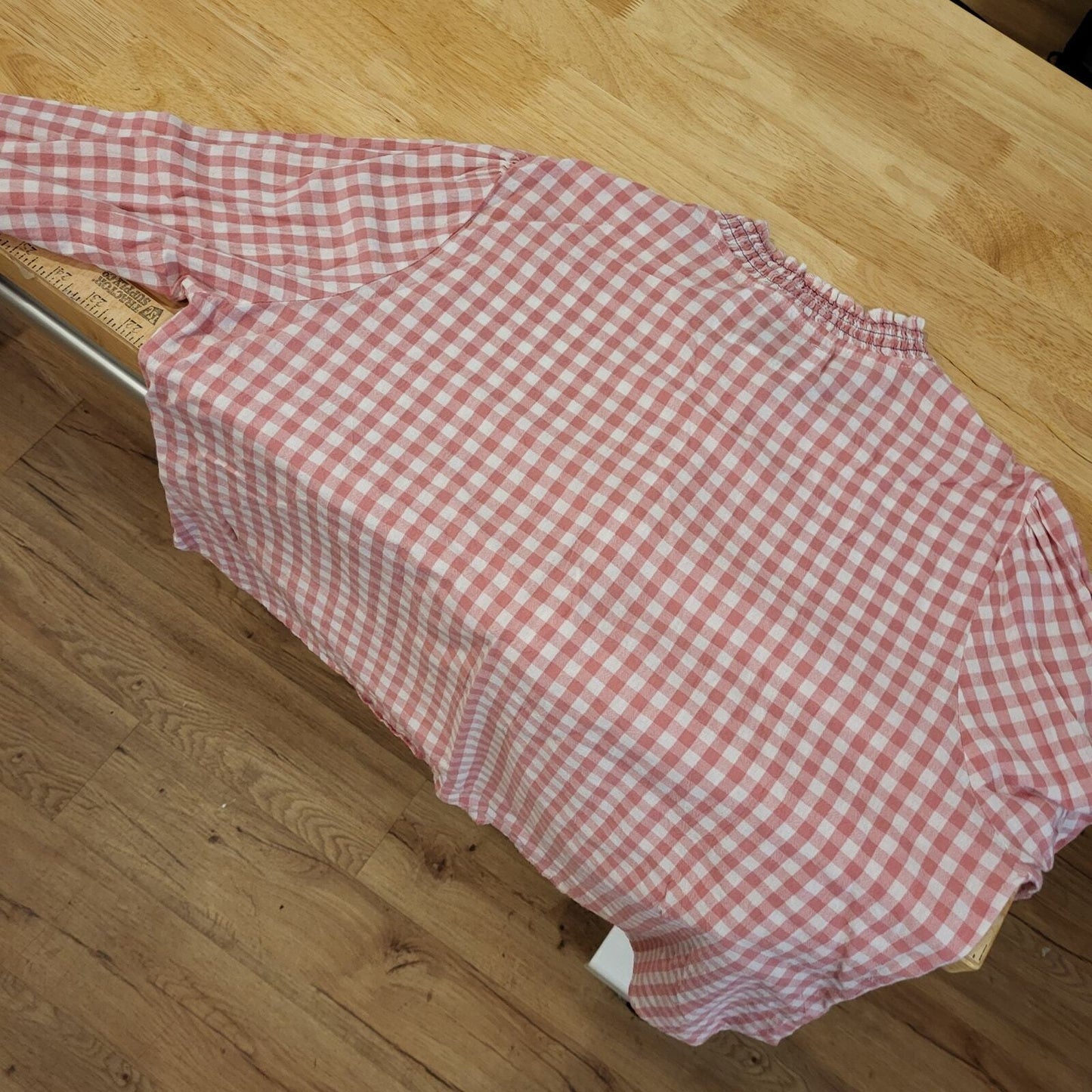 Rochelle Behrens The Shirt Gingham Pink Sheered Collar & Cuff Cotton Long Sleeve