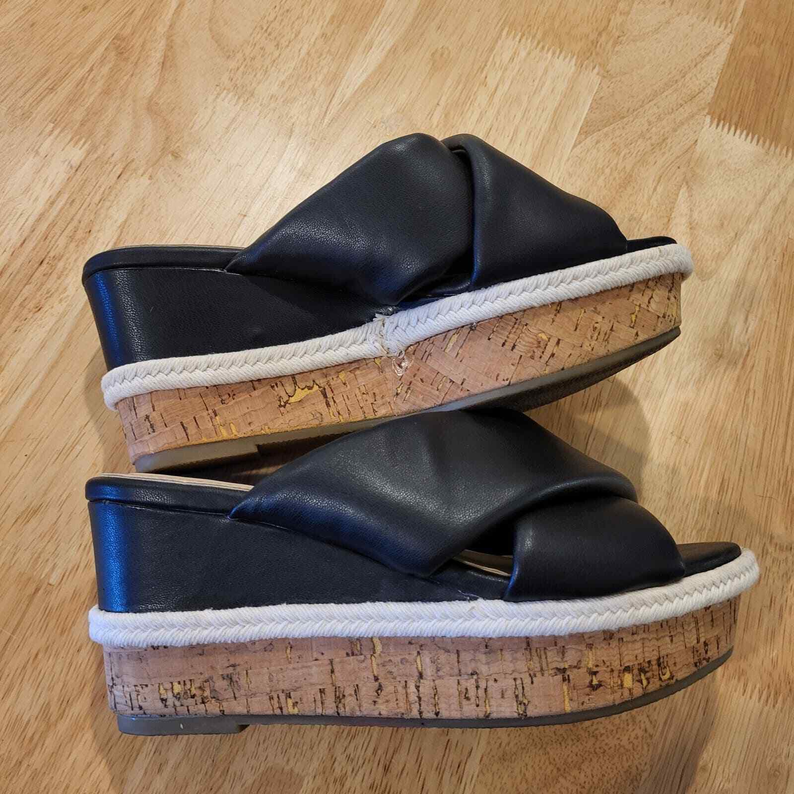 Black Crossover Faux Leather Cork Wedges White Detail 9" Size 6.5