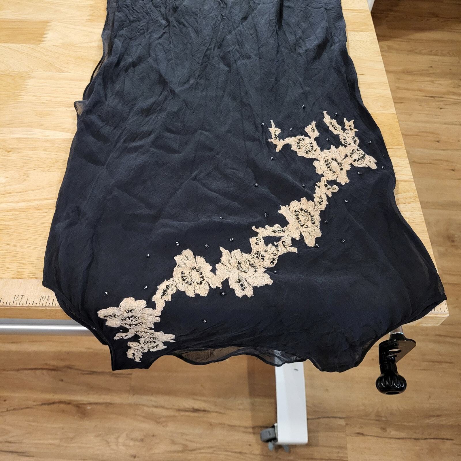 Black Silk Sheer Sleeveless Asymmetrical Floral Embroidered Dress 16" pit 2 pit