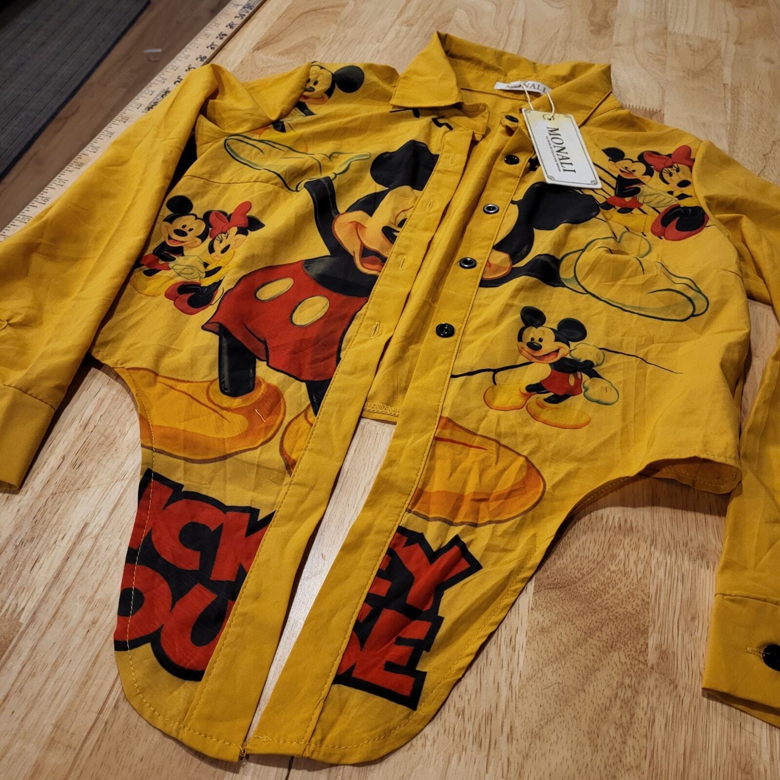 NWT Monali Yellow Cotton Mickey Mouse Blouse Tie Front Collared Button Down 