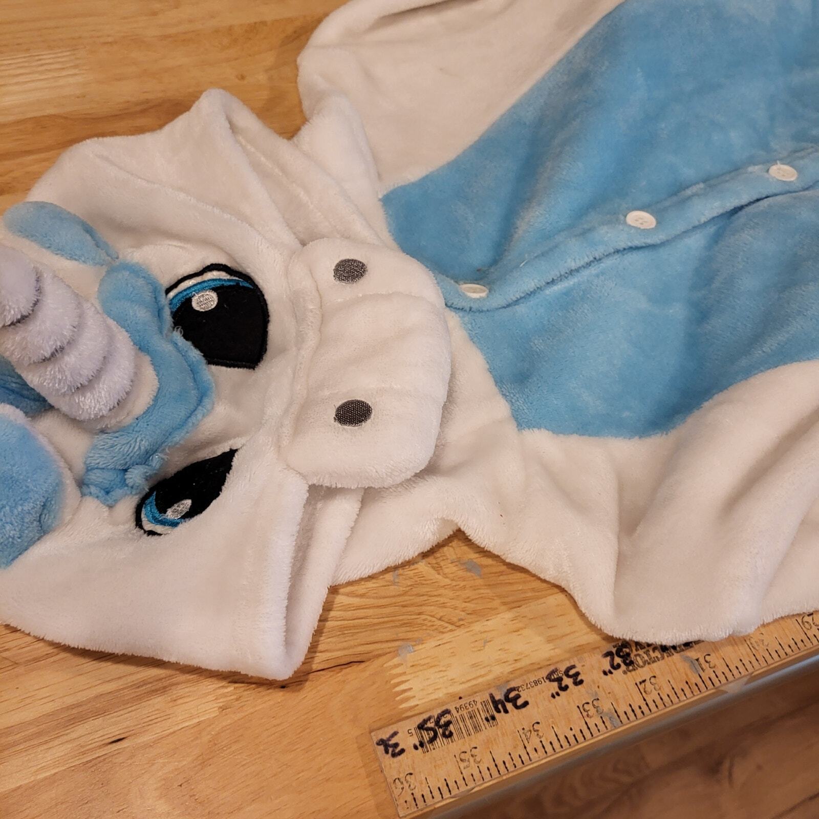 Blue & White Pegasus Unicorn Fuzzy One Piece Costume Button  hood wings horn 
