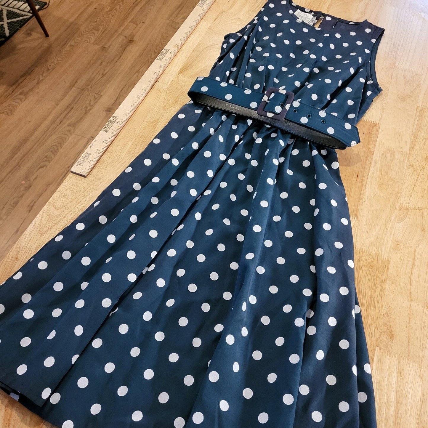 Vintage Blue/Green Polyester Polkadot Belt 24" Waist Elastic 16" P2P 50's
