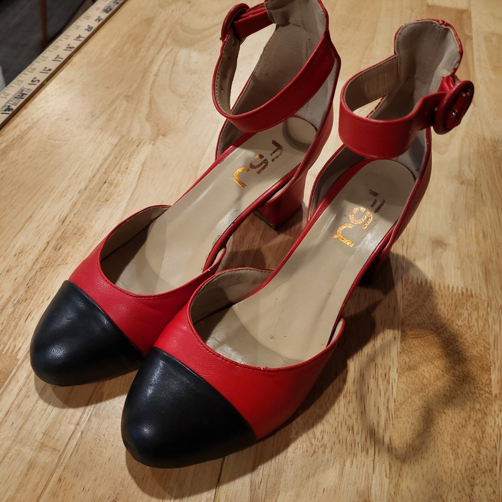 FSJ Red & Black Sling Back 1.5" Block Heel Strappy Round Toe Dance size 9 10"