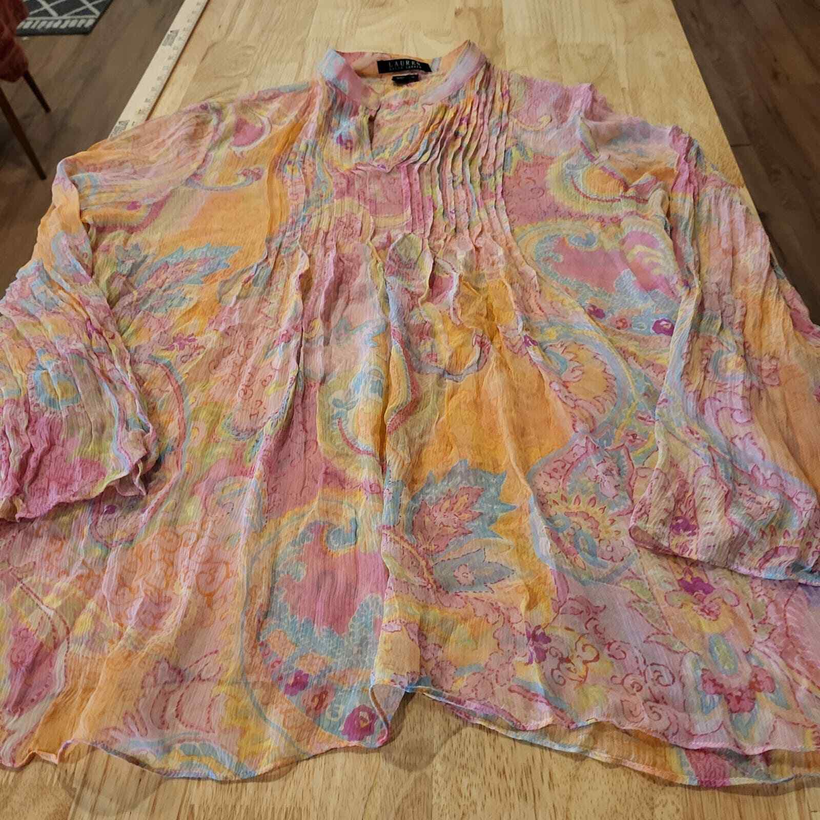 Women's Lauren By Ralph Lauren  100% Silk Pleated Front Mandarin Collar Chiffon 