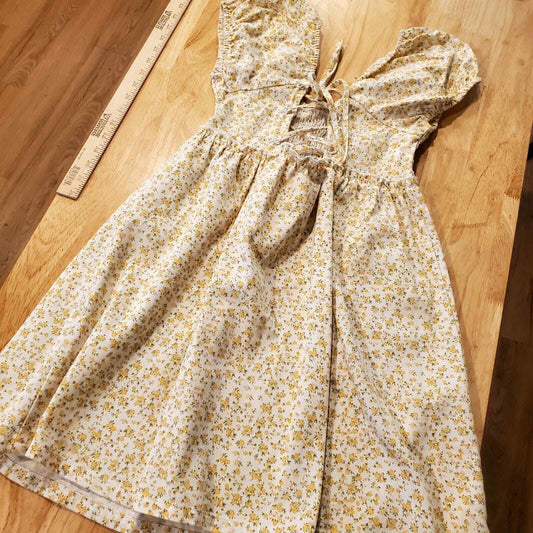 Yellow Floral Denim Puff Sleeve Laced Front Mini