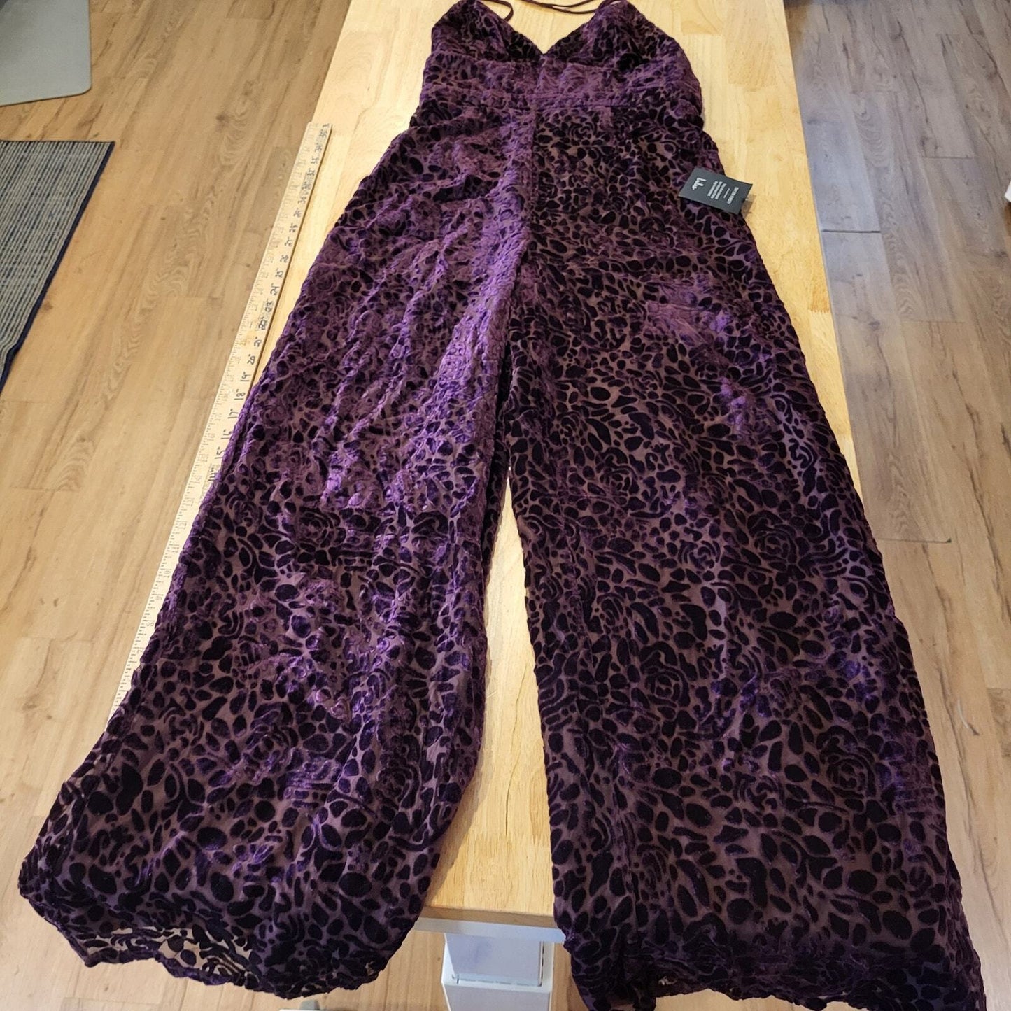Lulu's Purple Plum Velvet Floral Burnout Spaghetti  Crisscross Back Wide leg