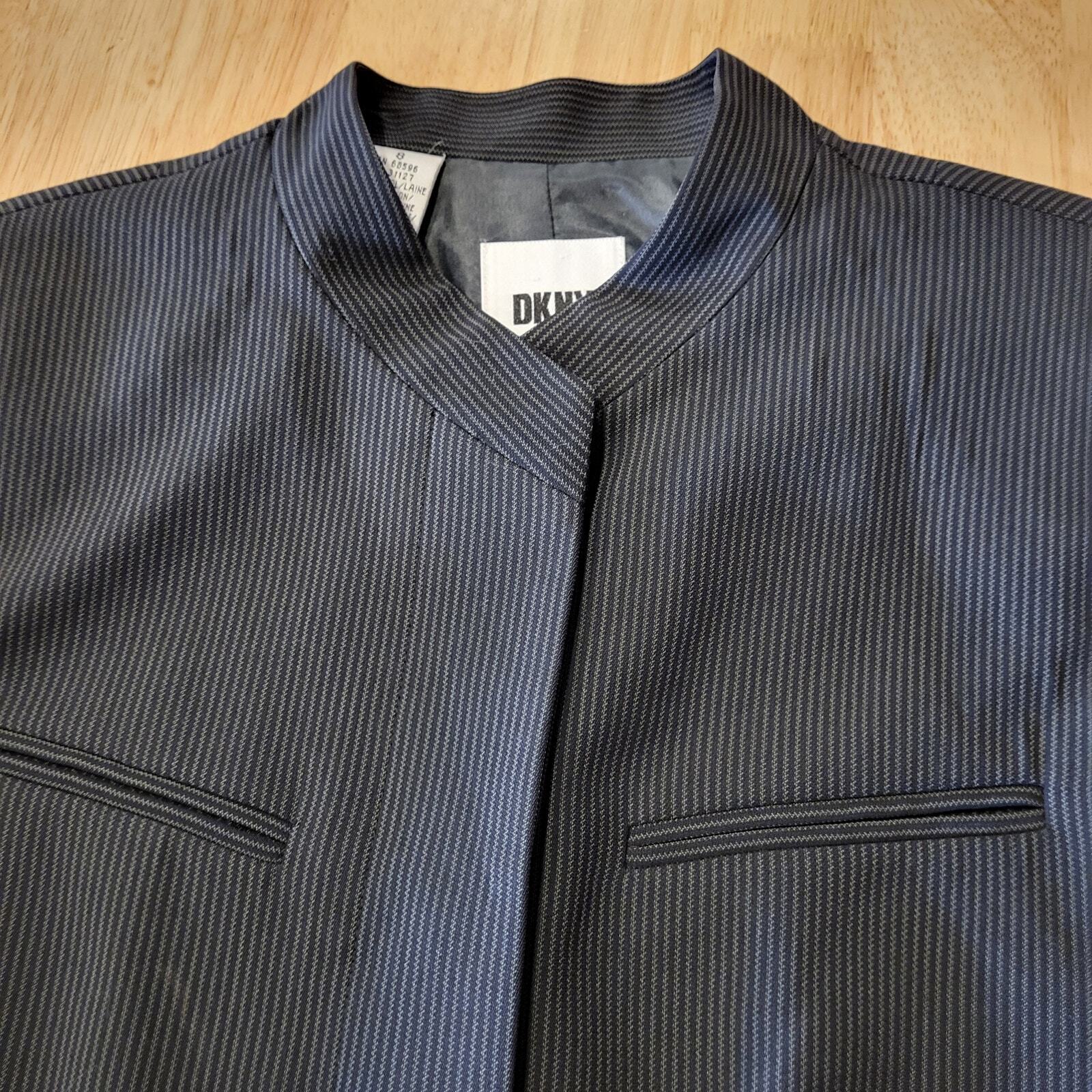 DKNY Donna Karen Wool Mandarin Collar Invisible Button Pinstripe Coat 8