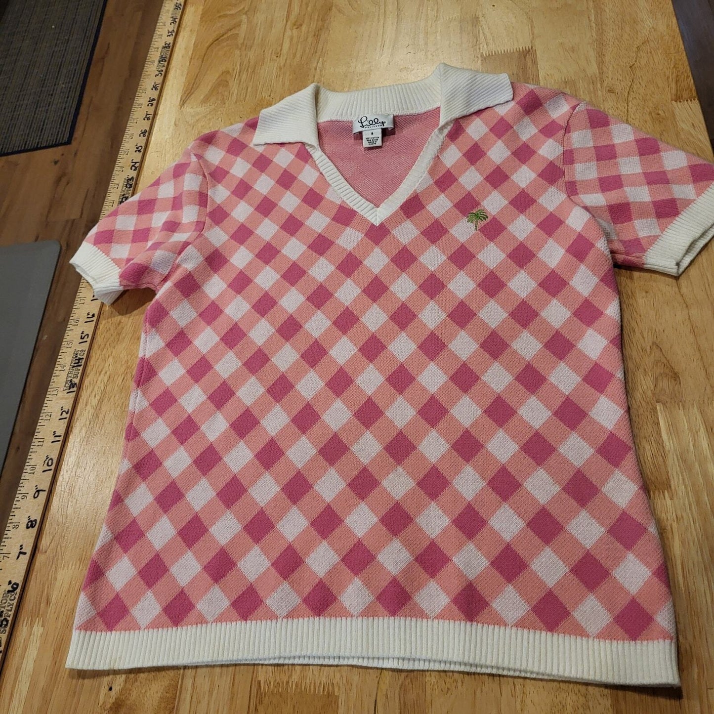 Lilly Pulitzer Gingham Knit Short Sleeve Contrast Collared V-Neck Sweater S