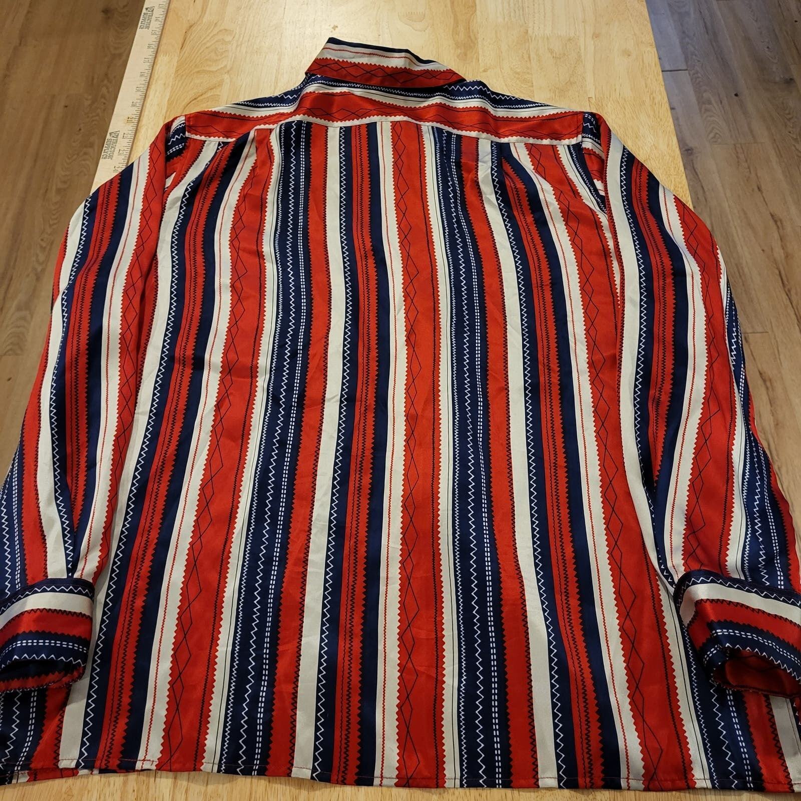 Fiji 100% Silk Collared Button Down Blouse Red White Blue Striped 