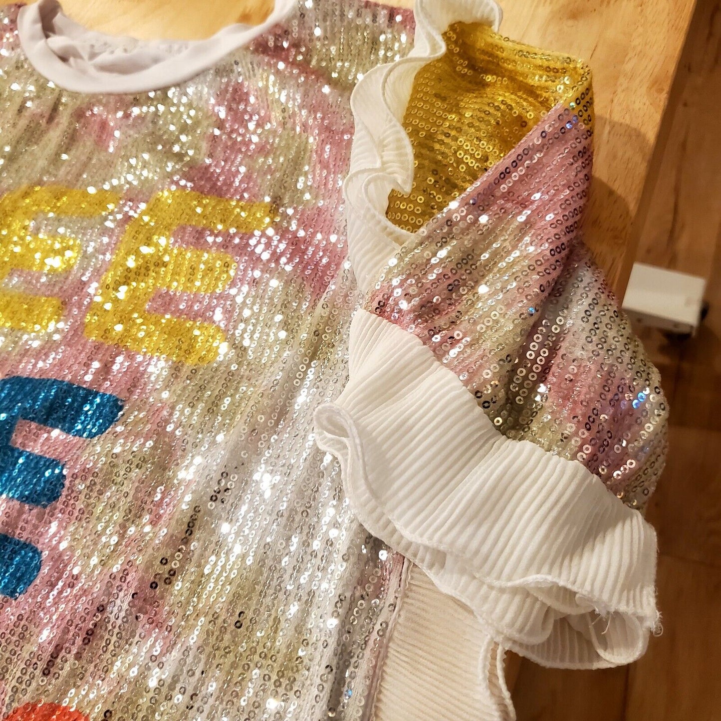 Women Sparkly Sequin T-Shirt Dress Rainbow Letter Print Half Sleeve Gauze Ruffle