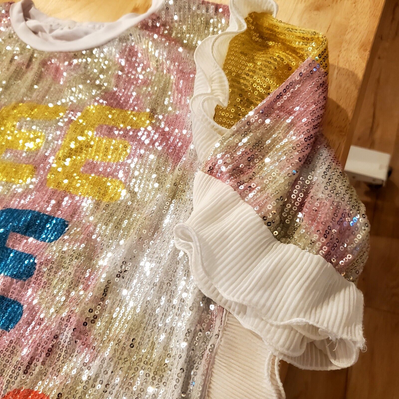 Women Sparkly Sequin T-Shirt Dress Rainbow Letter Print Half Sleeve Gauze Ruffle