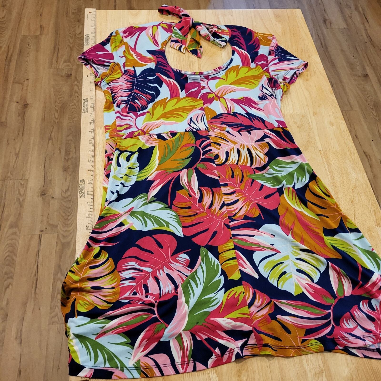 MSK Colorful Botanical Open Back Knee Length Dress Short Sleeve Tie Back Slinky 
