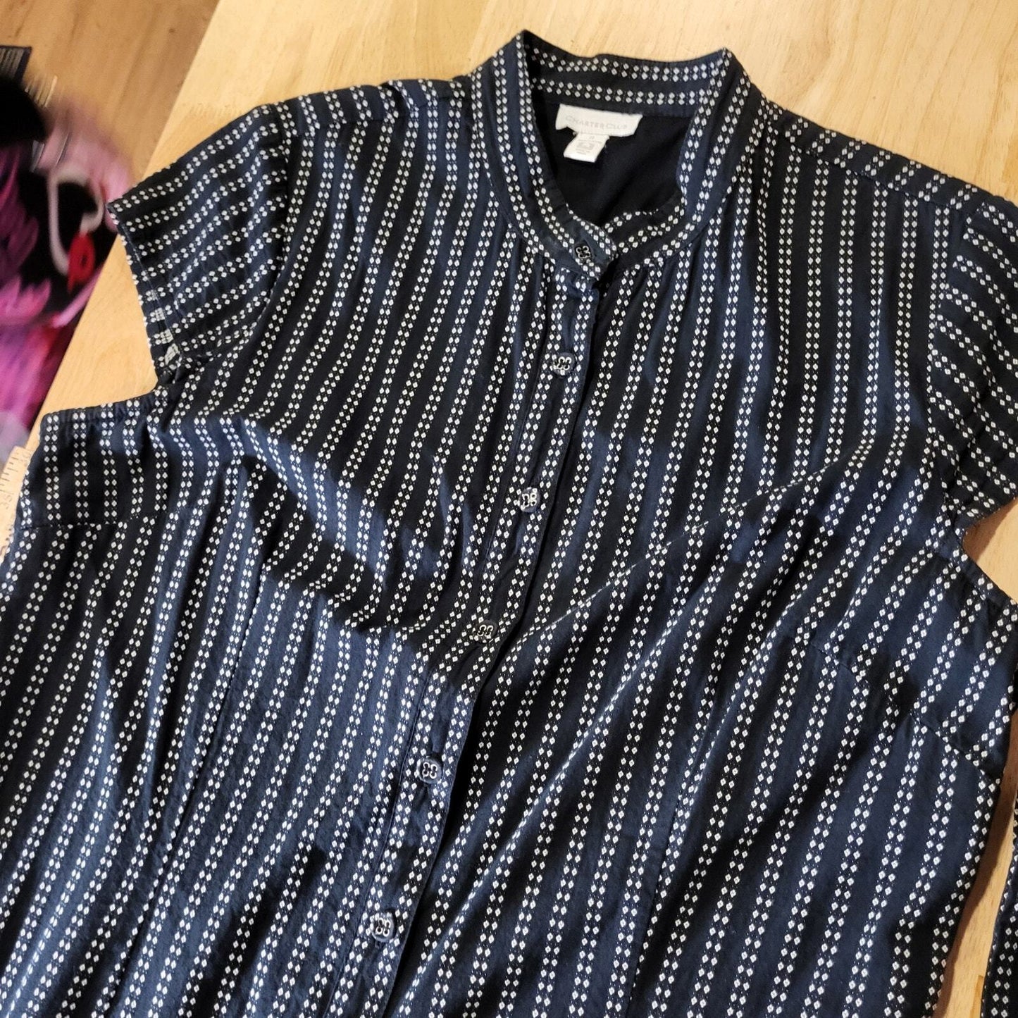 Charter Club Blue Striped Dot Button Shirt Dress Cap Sleeve Mandarin Collar 14