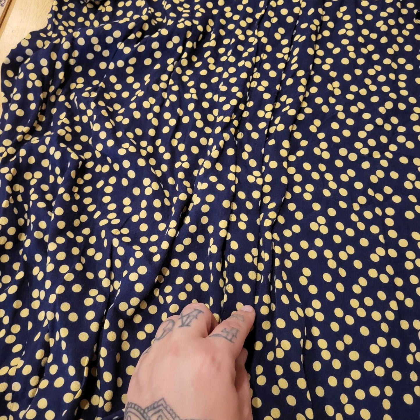 Zara Long Blue & Yellow Polka Dot Button Maxi Shirt Dress Tie Collar Large Nylon