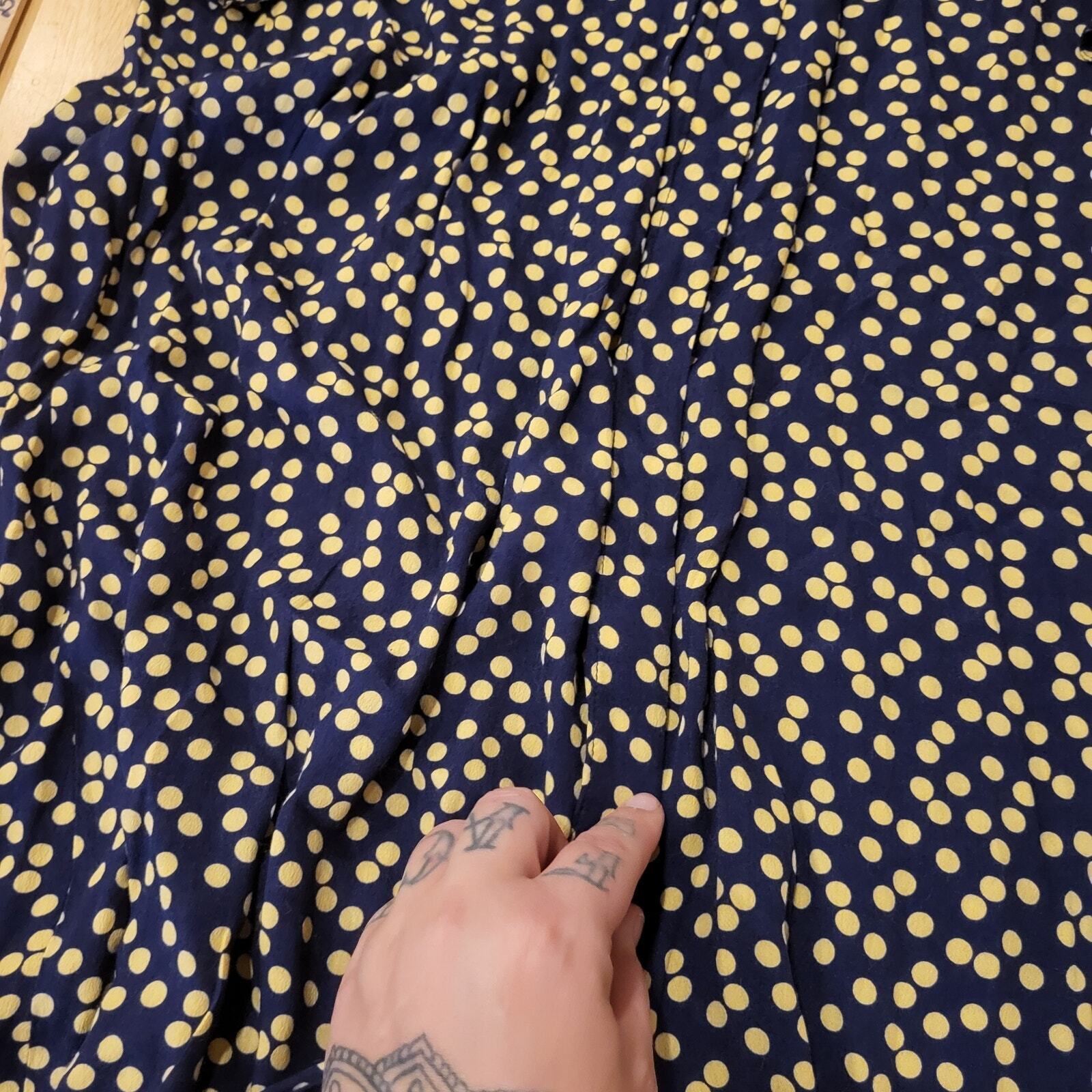 Zara Long Blue & Yellow Polka Dot Button Maxi Shirt Dress Tie Collar Large Nylon