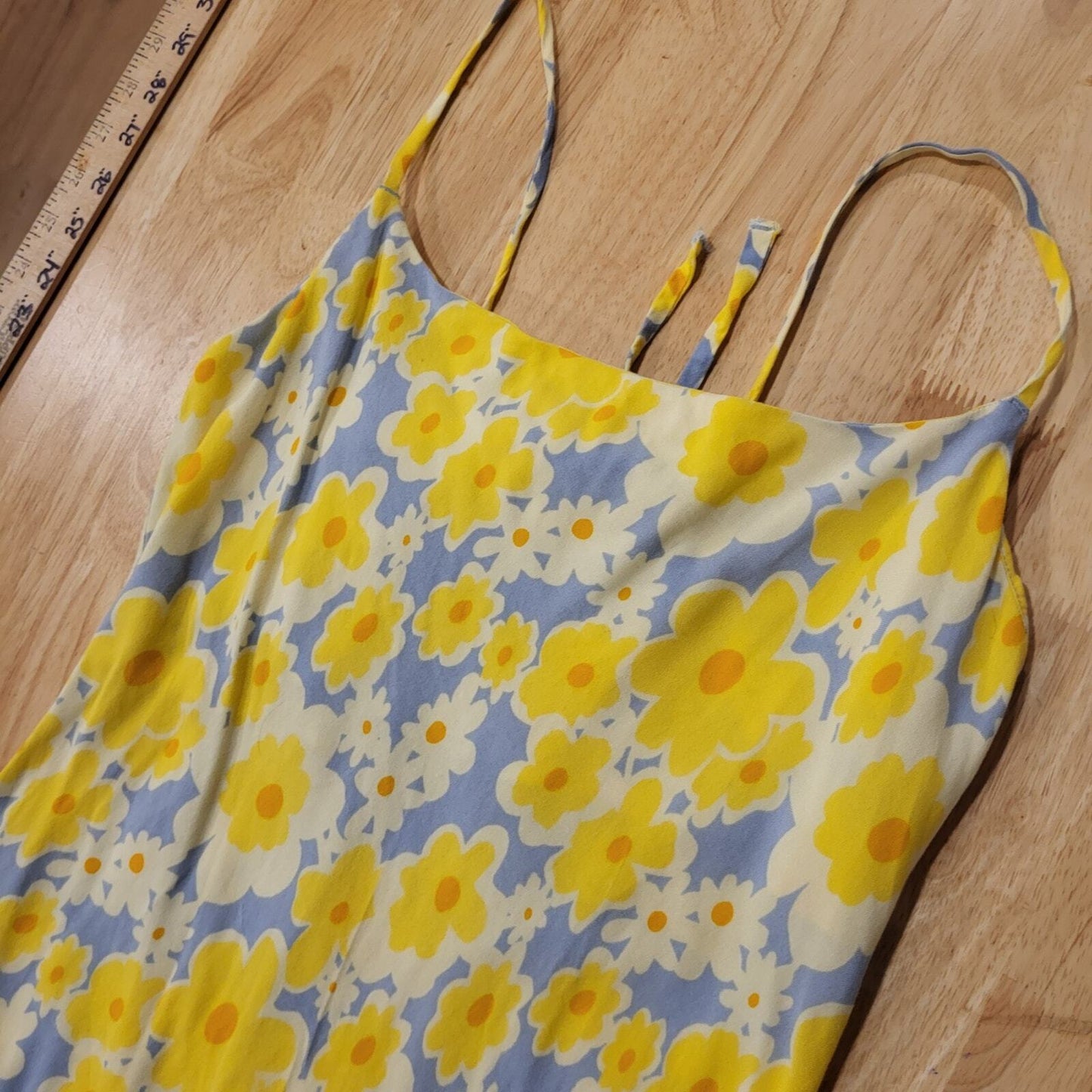 RVCA Yellow & Blue Floral Knit Spaghetti Strap Mini Dress Keyhole Opening Small