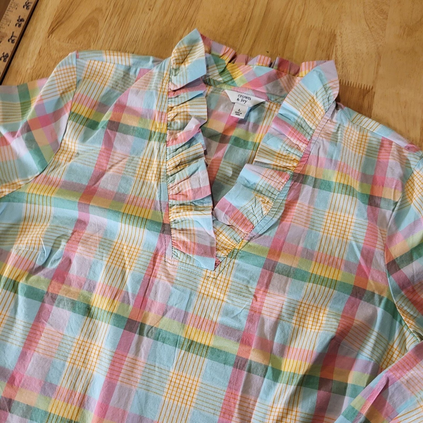 Crown & Ivy Pastel Plaid Ruffle Collar 3/4 Sleeve 25" Long 23" P2P